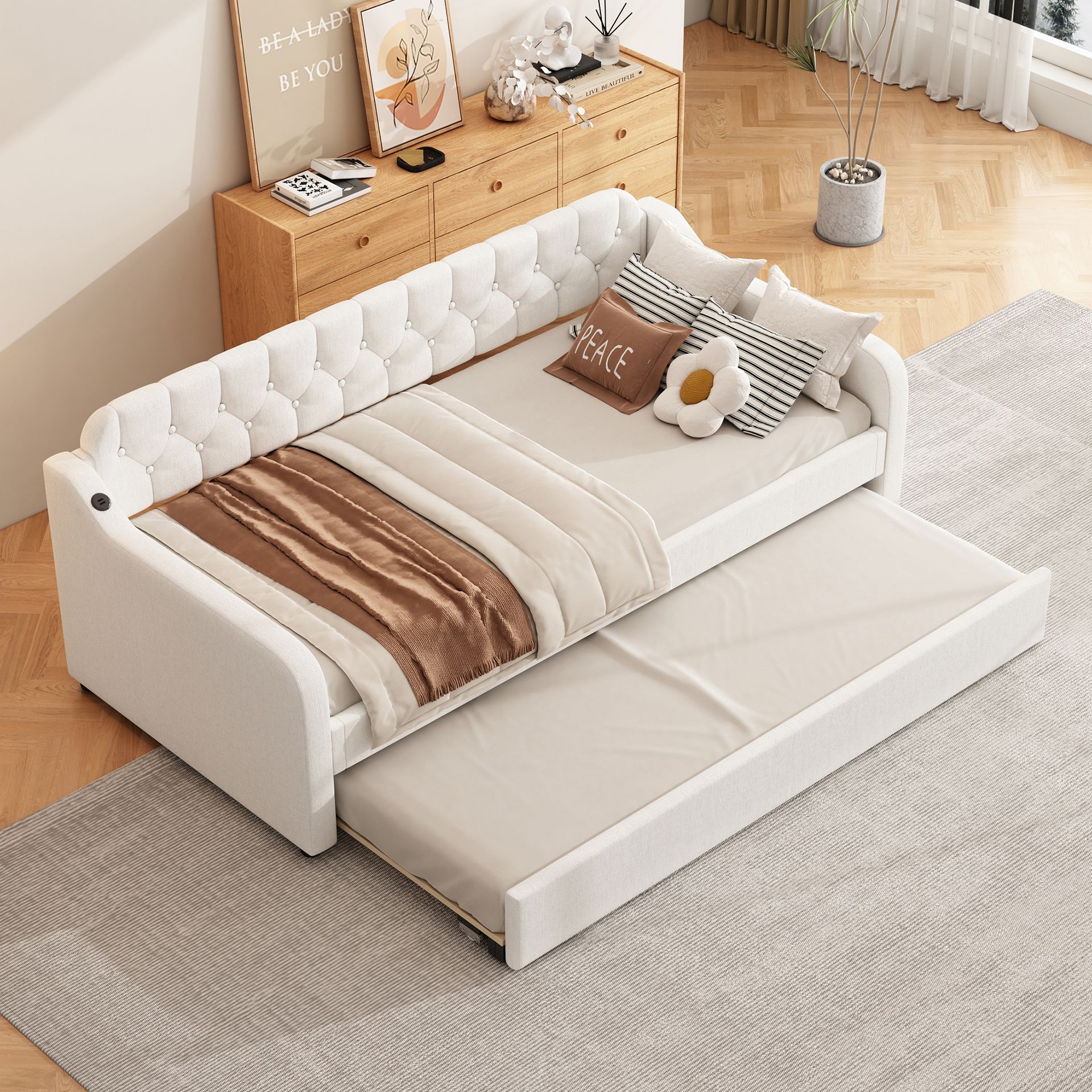 Flieks rozkładana sofa 90x200cm z USB, łóżko tapicerowane z wysuwanym łóżkiem, łóżko dzienne dla gości z listwowym stelażem, łóżko pojedyncze drewniane, pościel, beżowy