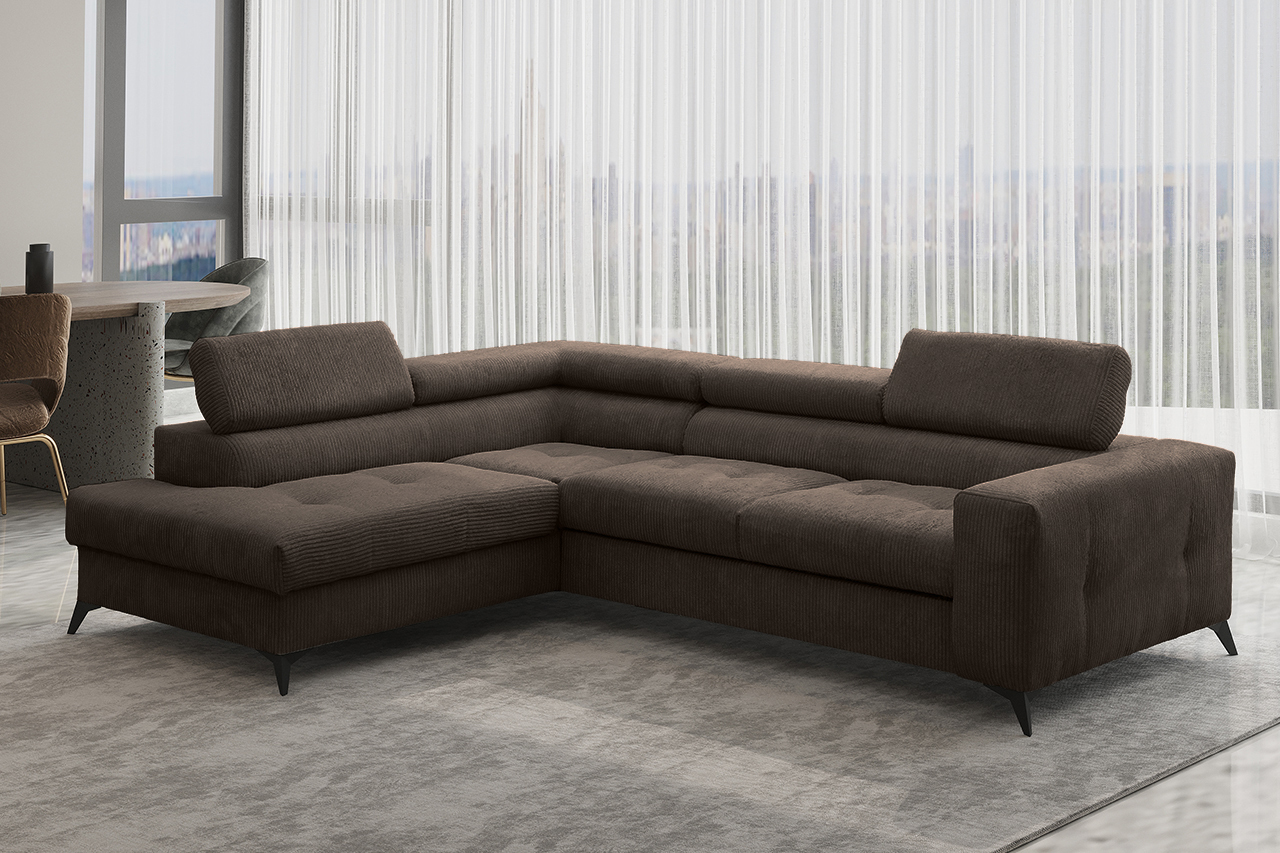 Narożnik z funkcją spania i pojemnikiem na pościel w kształcie litery L - ARCADI - tkanina Anafi, wiele kolorów Ciemnobrązowy Prawy