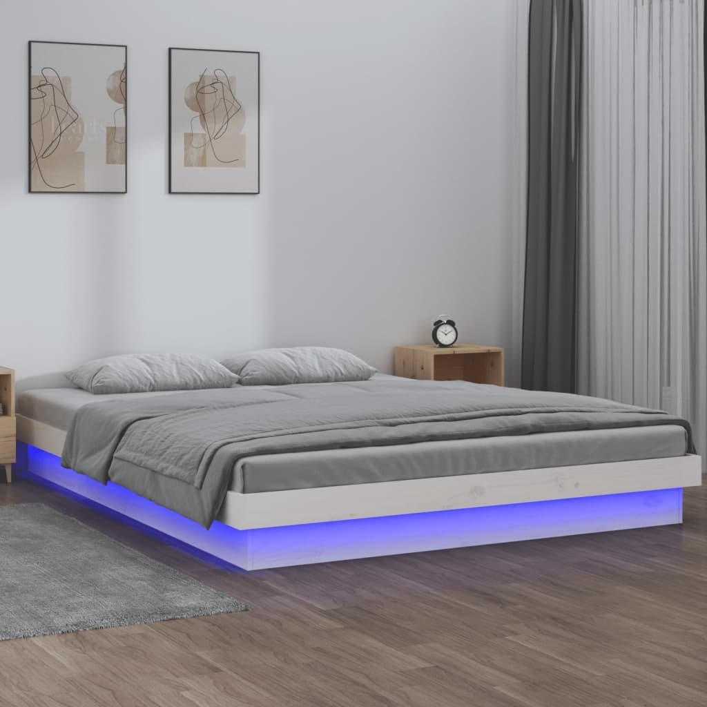 Łóżko z litego drewna z diodami LED białe 135x190 cm