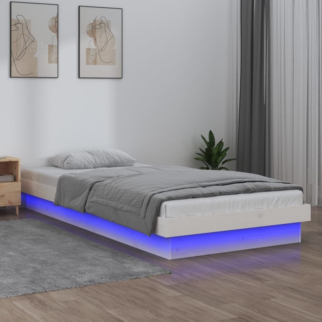 Łóżko z litego drewna z diodami LED białe 75x190 cm
