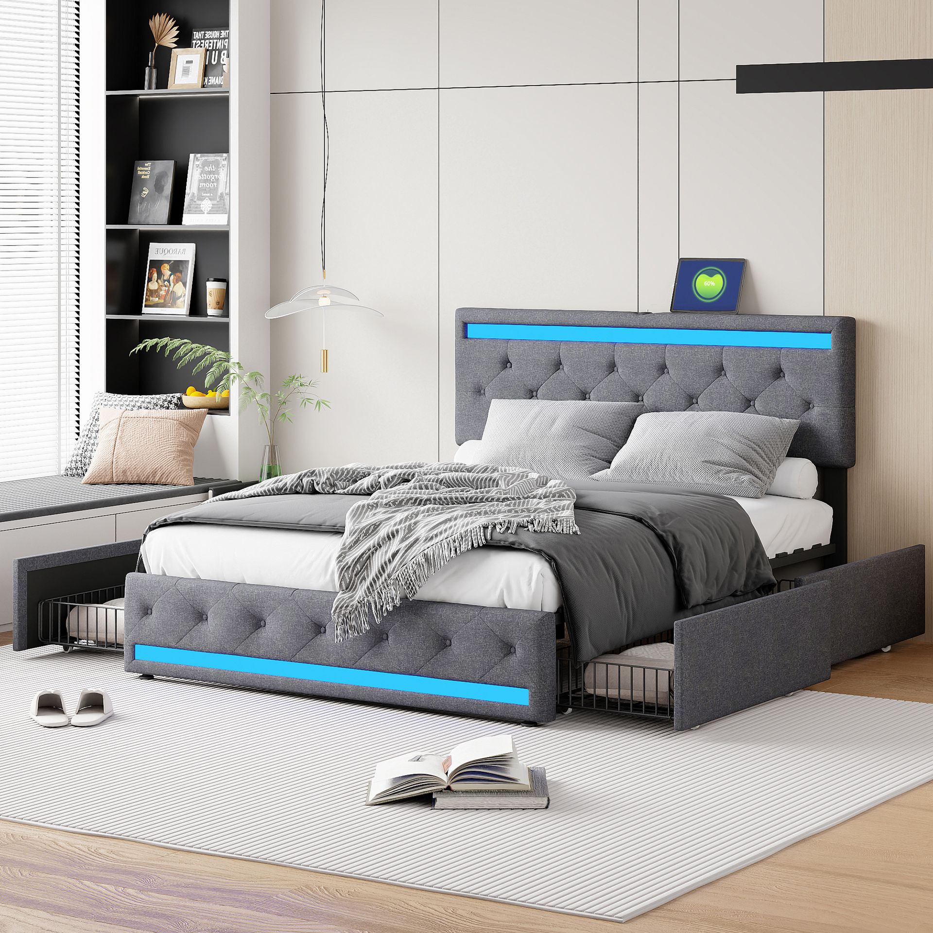 Łóżko tapicerowane Fortuna Lai 180x200cm z zagłówkiem o regulowanej wysokości i 4 szufladami, gniazdo bezpieczeństwa LED i USB, funkcjonalne łóżko dwuosobowe wykonane z lnu, ciemnoszare