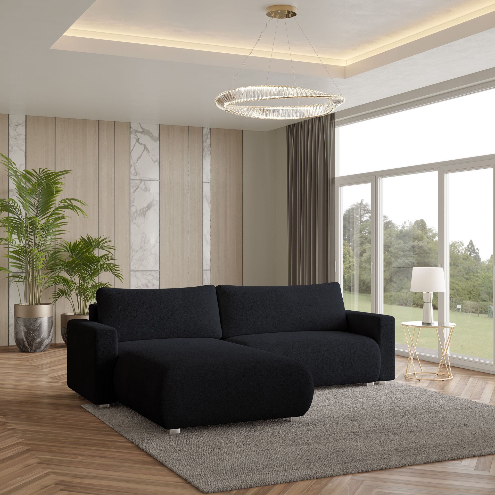 Masseno Narożnik TURIN N z funkcją spania i pojemnikiem na pościel Kształt L, Rozkładana sofa, Rogówka - Czarny, NOW OR NEVER 100