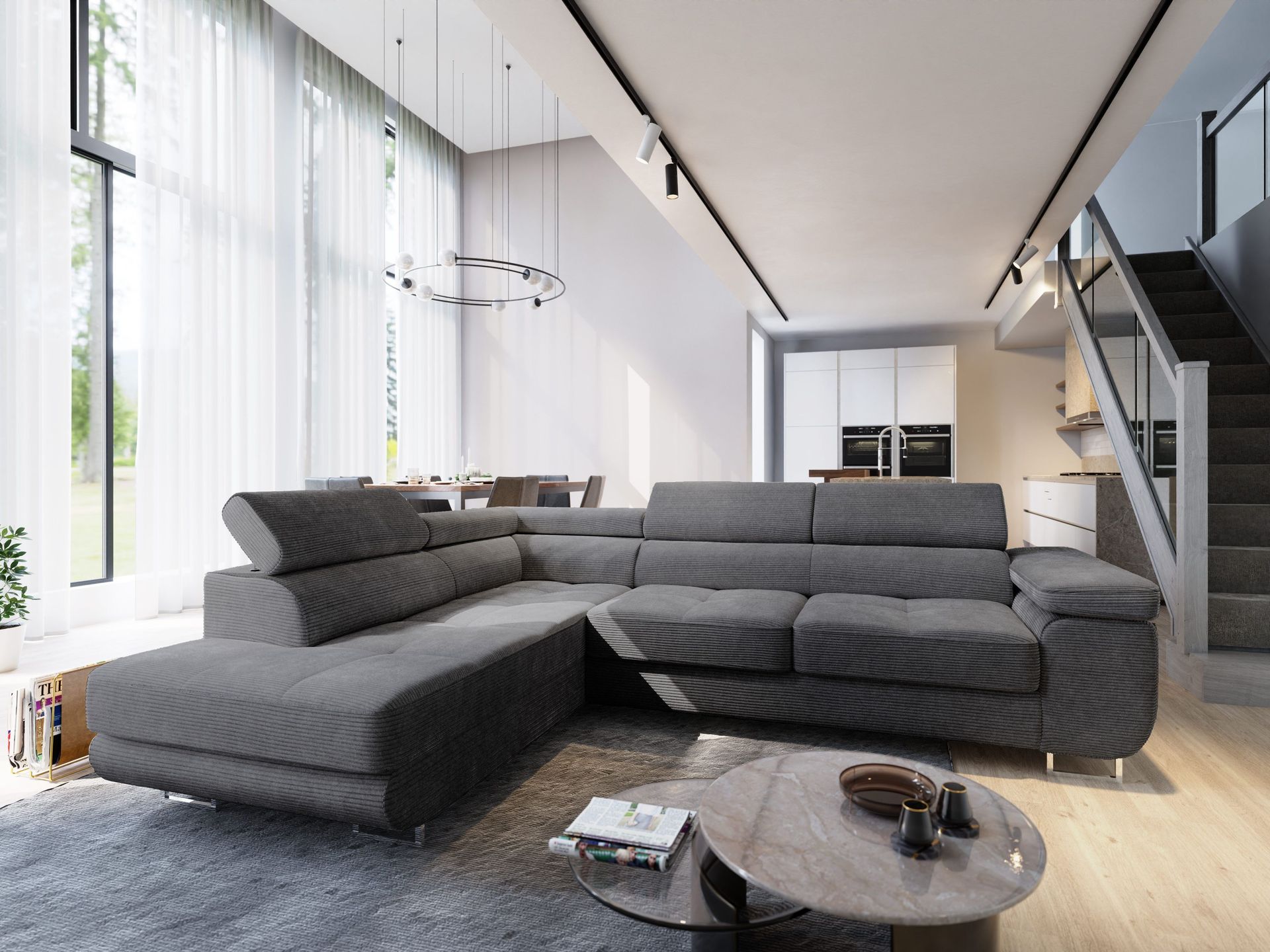 Masseno Narożnik APIRO L-S z funkcją spania i pojemnikiem na pościel Kształt L, Rozkładana sofa, Rogówka - Grafitowy, POSO 34
