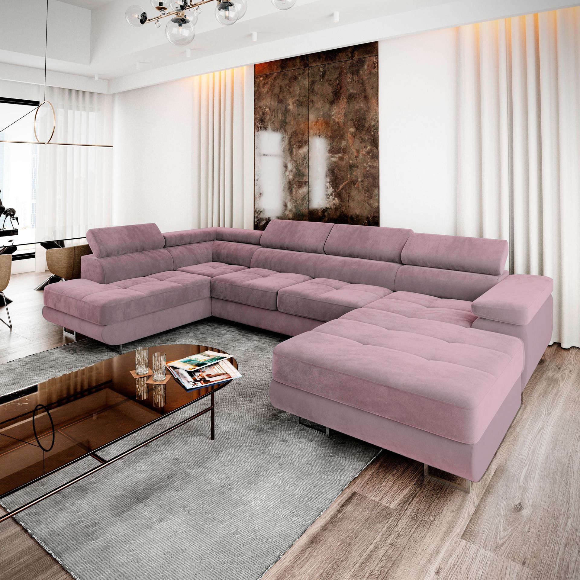 Masseno Narożnik CASONE L-S z funkcją spania i pojemnikiem na pościel Kształt U, Rozkładana sofa, Rogówka - Pudrowy róż, MONOLITH 62