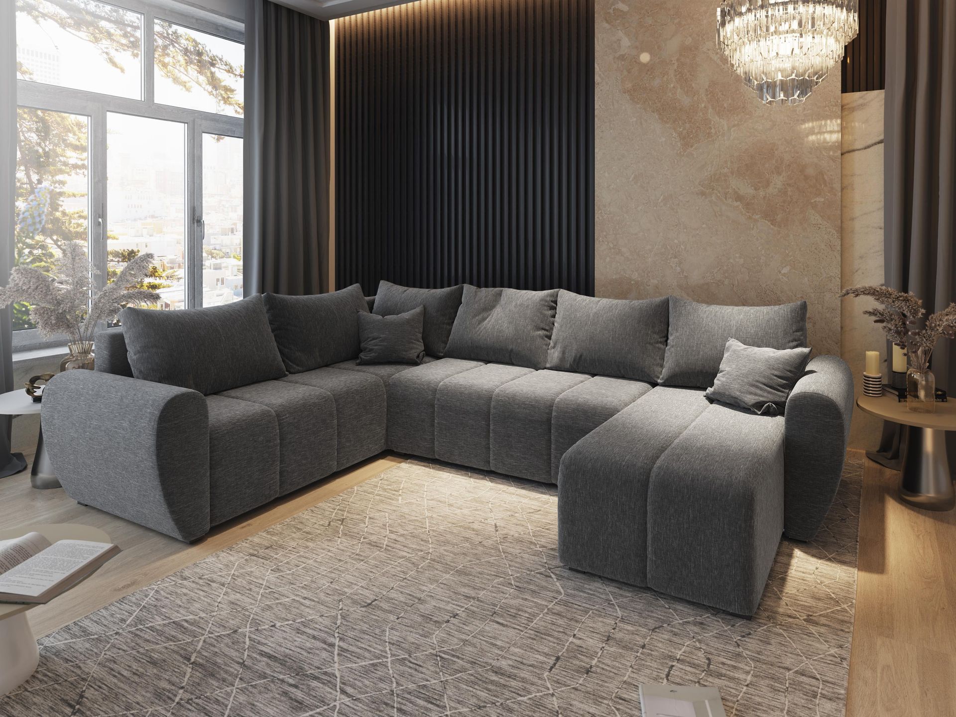 Masseno Narożnik MADISON XL L-S z funkcją spania i pojemnikiem na pościel Kształt U, Rozkładana sofa, Rogówka - Jasnoszary, SAWANA 21