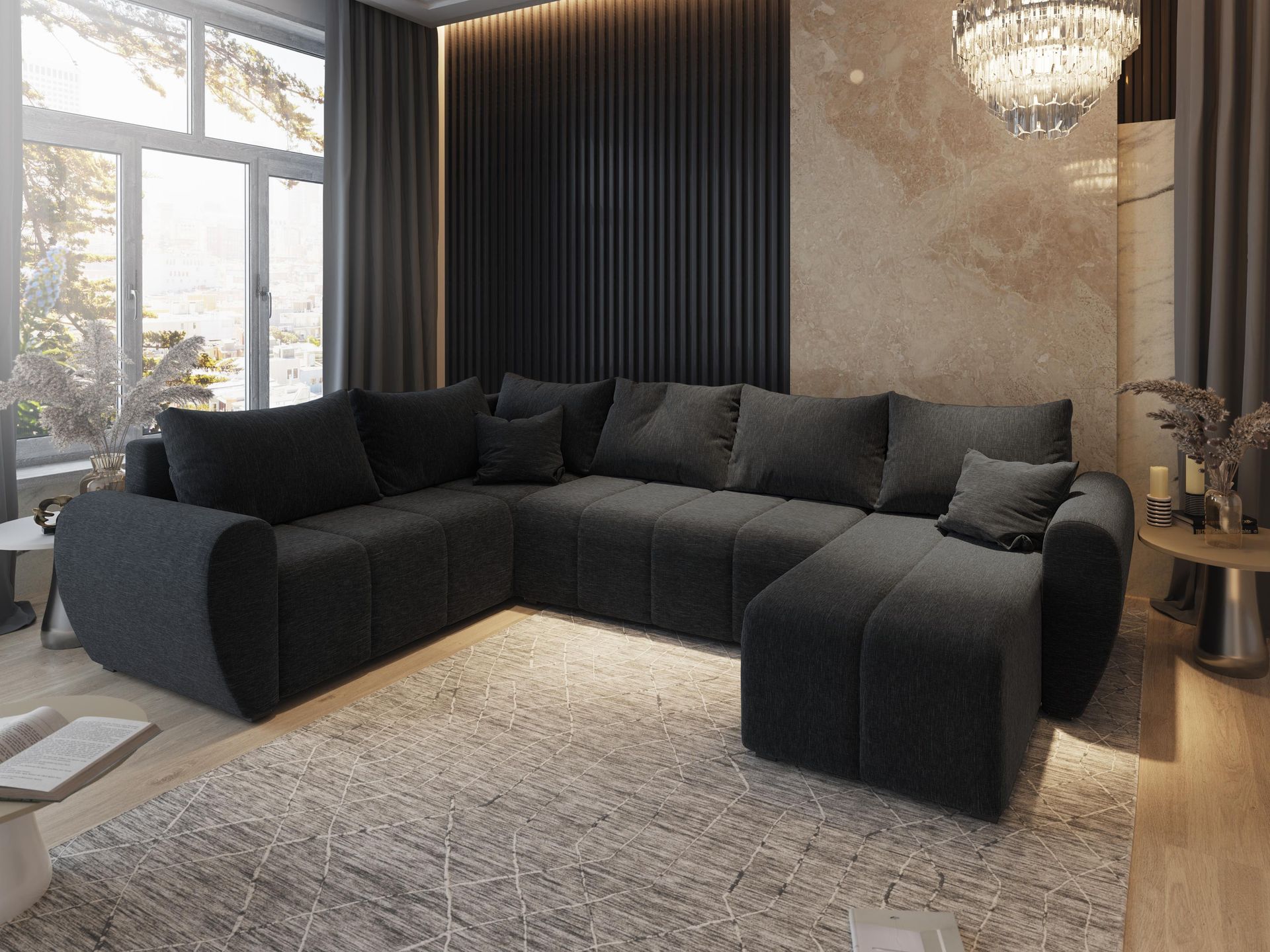 Masseno Narożnik MADISON XL L-S z funkcją spania i pojemnikiem na pościel Kształt U, Rozkładana sofa, Rogówka - Czarny, SAWANA 14