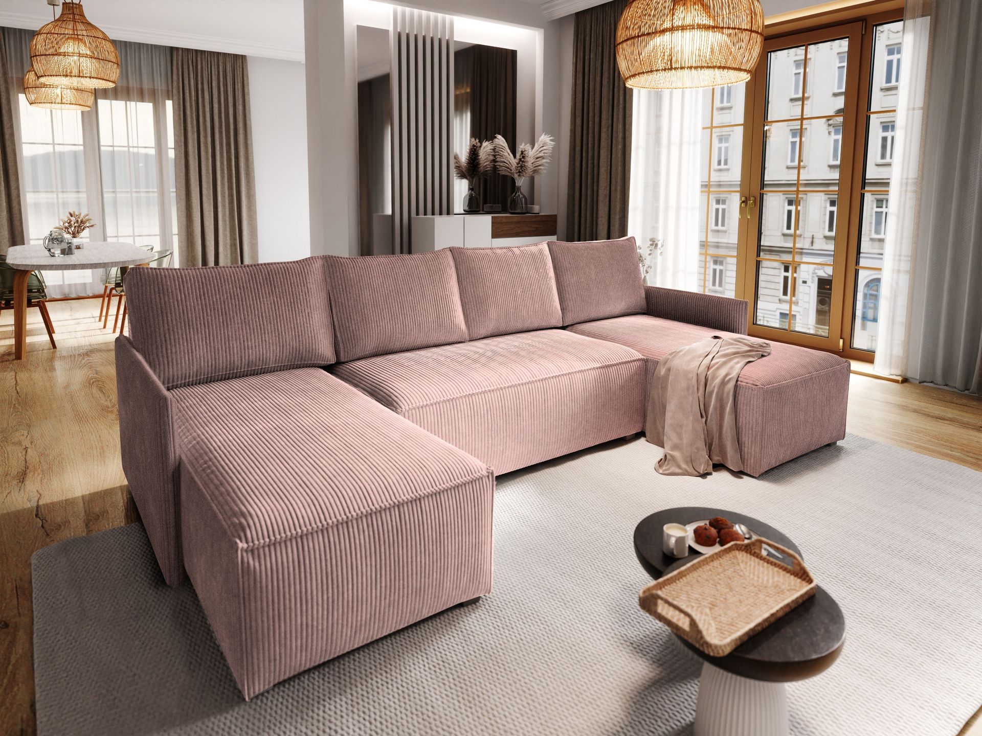 Masseno Narożnik TRES z funkcją spania i pojemnikiem na pościel Kształt U, Rozkładana sofa, Rogówka - Wrzos, POSO 130