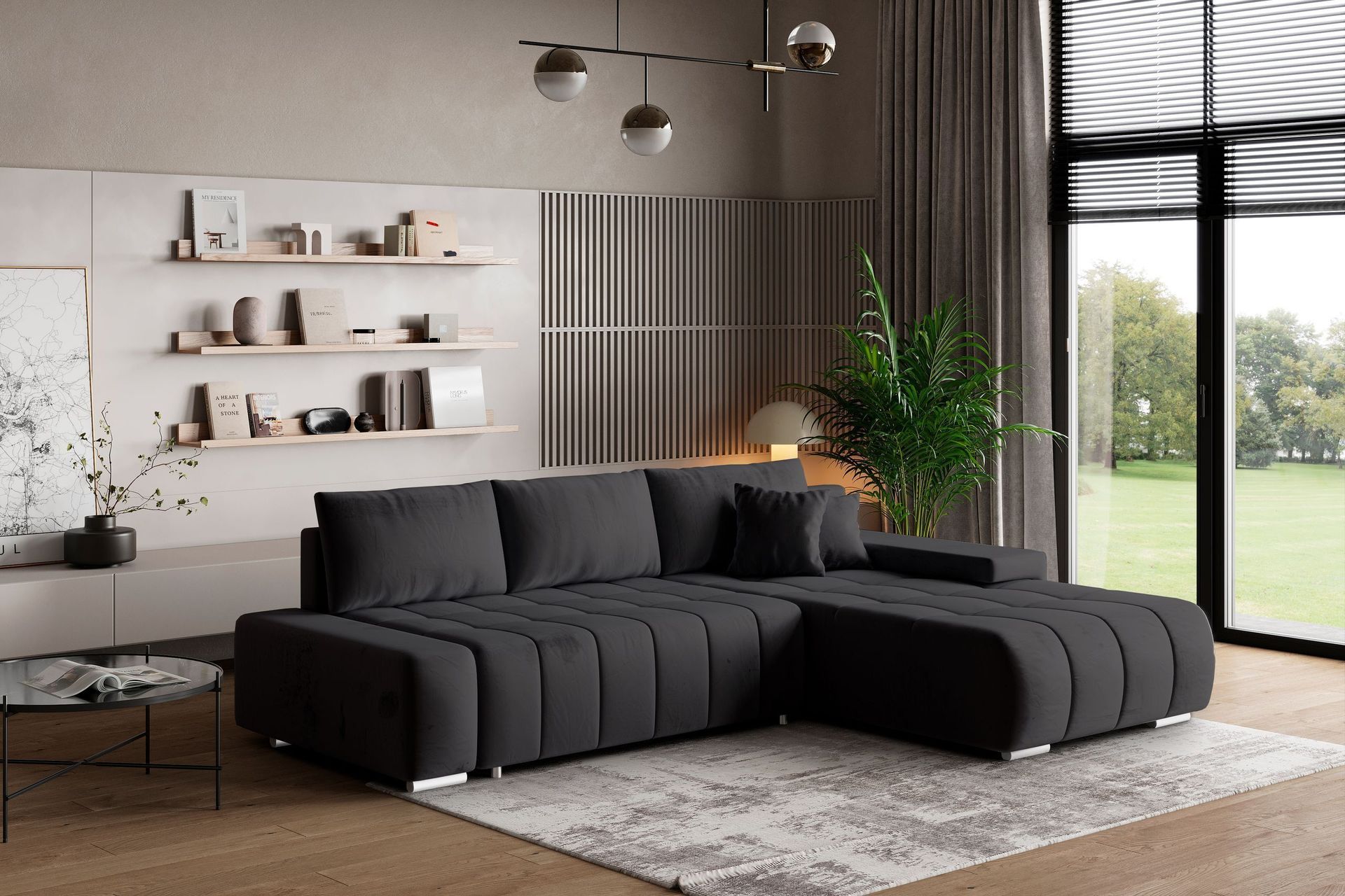 Masseno Narożnik ALESE R-S z funkcją spania i pojemnikiem na pościel Kształt L, Rozkładana sofa, Rogówka - Czarny, MONOLITH 95