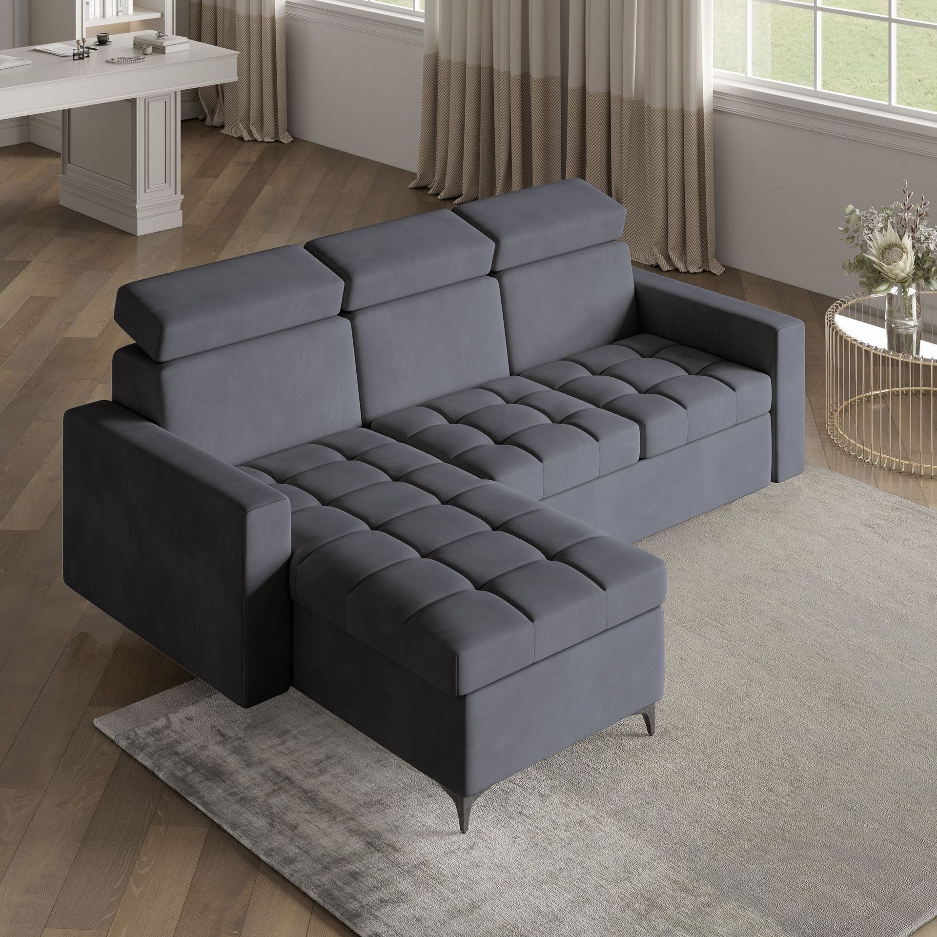 Masseno Narożnik KAME z funkcją spania i pojemnikiem na pościel Kształt L, Rozkładana sofa, Rogówka - Szary, PAROS 06