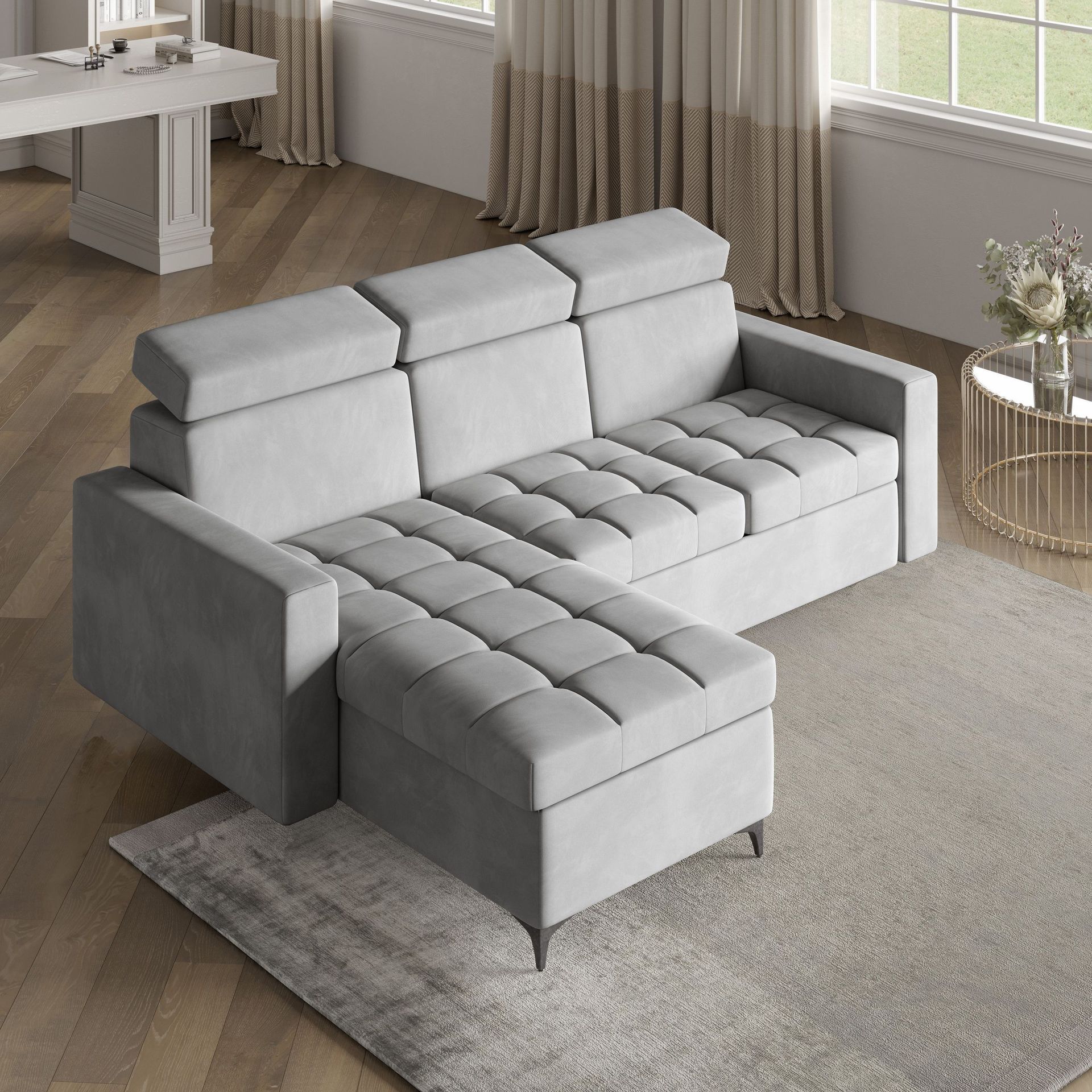 Masseno Narożnik KAME z funkcją spania i pojemnikiem na pościel Kształt L, Rozkładana sofa, Rogówka - Jasnoszary, PAROS 05