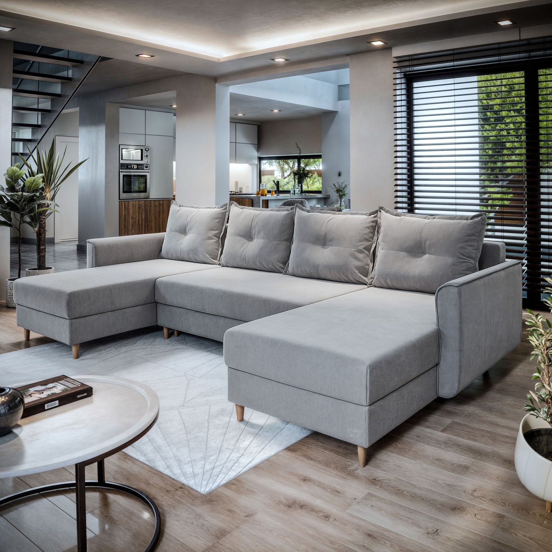 Masseno Narożnik VERNI z funkcją spania i pojemnikiem na pościel Kształt U, Rozkładana sofa, Rogówka - Jasnoszary, PAROS 05