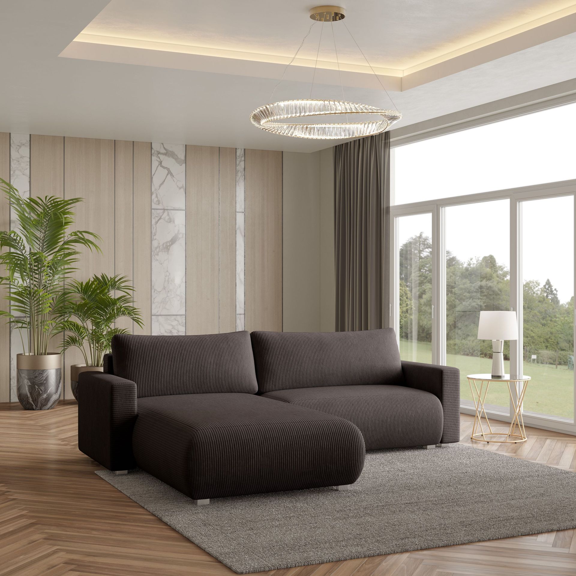 Masseno Narożnik TURIN P z funkcją spania i pojemnikiem na pościel Kształt L, Rozkładana sofa, Rogówka - Brązowy, POSO 06
