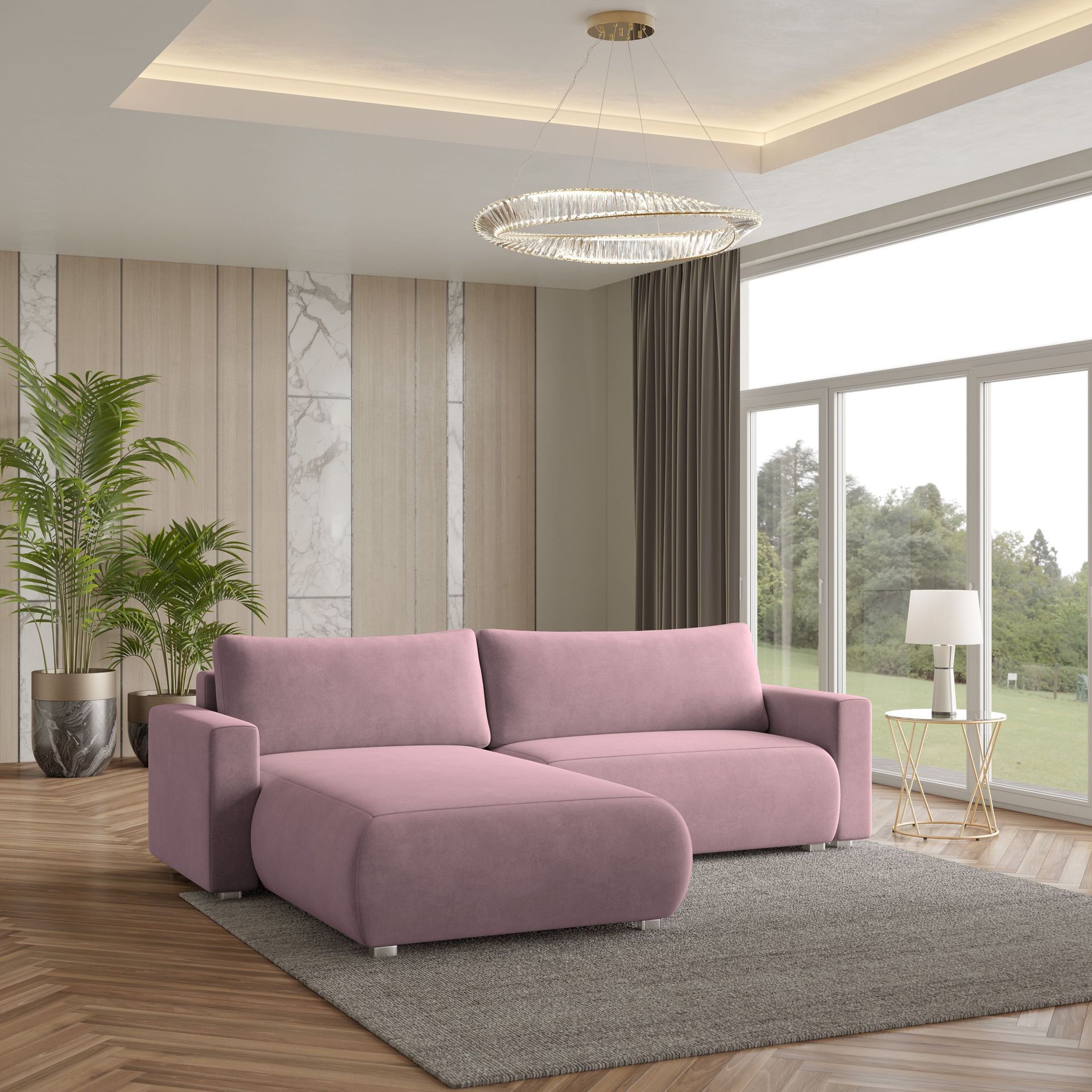 Masseno Narożnik TURIN M z funkcją spania i pojemnikiem na pościel Kształt L, Rozkładana sofa, Rogówka - Pudrowy róż, MONOLITH 62