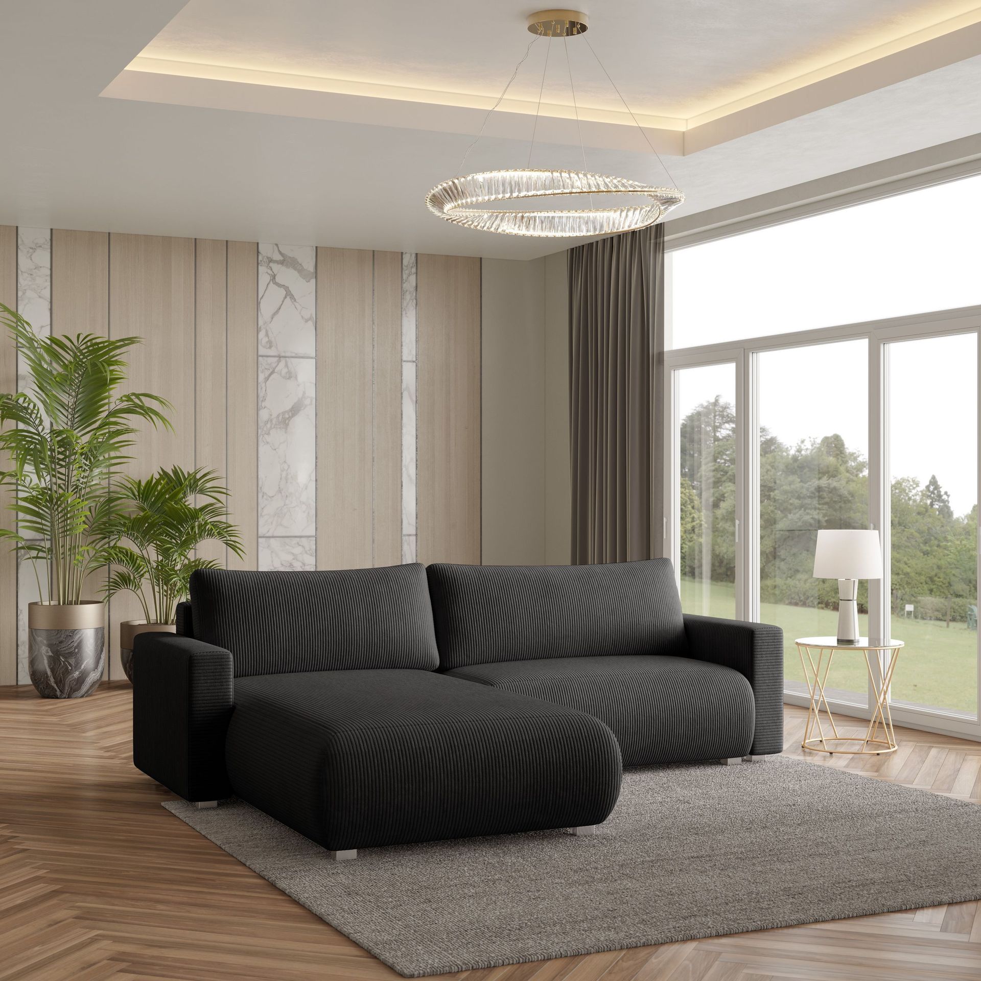 Masseno Narożnik TURIN P z funkcją spania i pojemnikiem na pościel Kształt L, Rozkładana sofa, Rogówka - Czarny, POSO 135