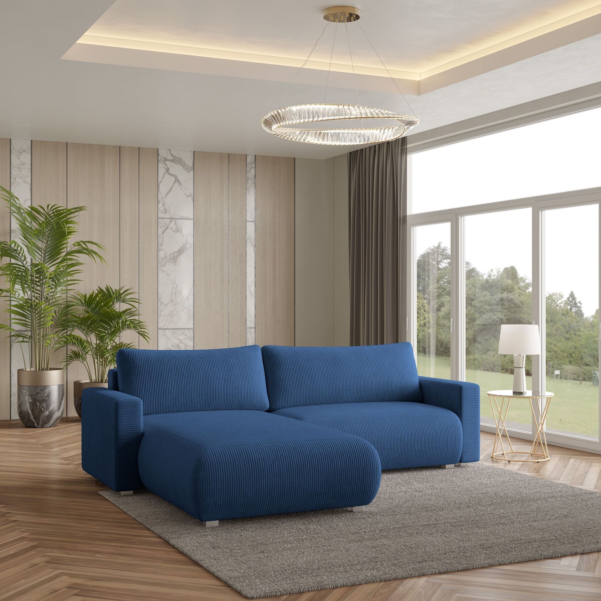 Masseno Narożnik TURIN P z funkcją spania i pojemnikiem na pościel Kształt L, Rozkładana sofa, Rogówka - Niebieski, POSO 05