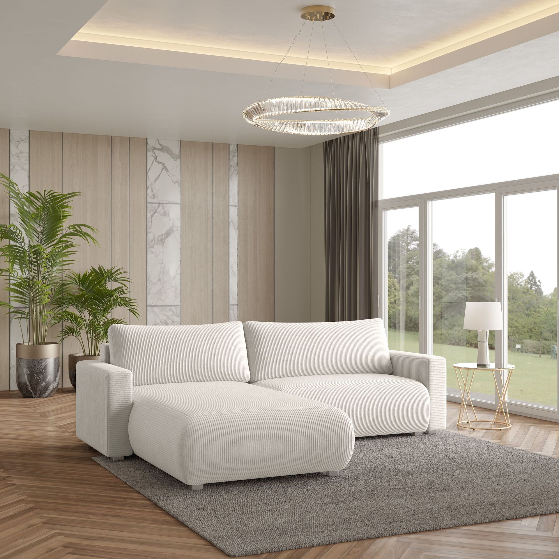 Masseno Narożnik TURIN P z funkcją spania i pojemnikiem na pościel Kształt L, Rozkładana sofa, Rogówka - Kremowy, POSO 100