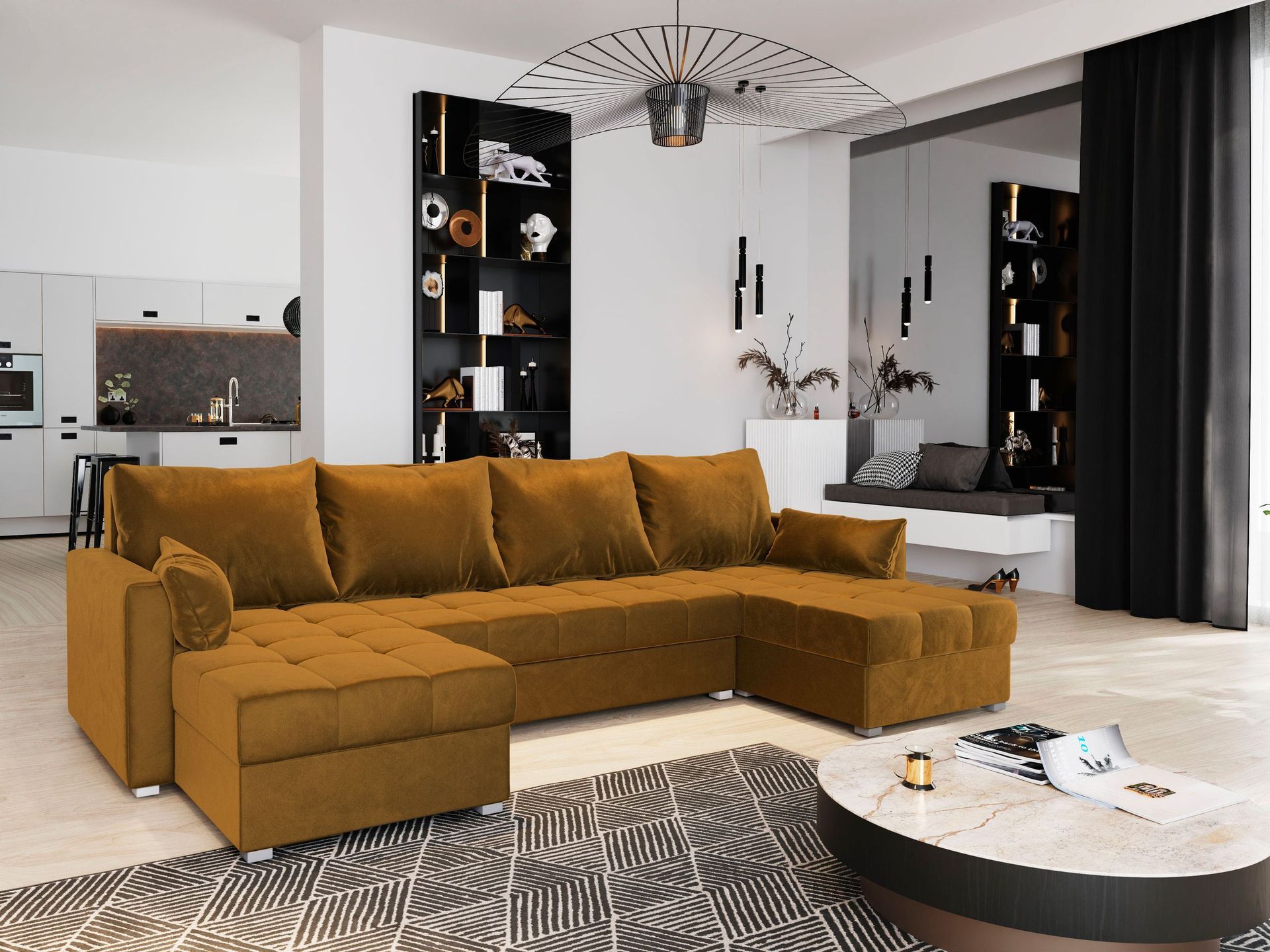 Masseno Narożnik NAKO z funkcją spania i pojemnikiem na pościel Kształt U, Rozkładana sofa, Rogówka - Żółty, KRONOS 01