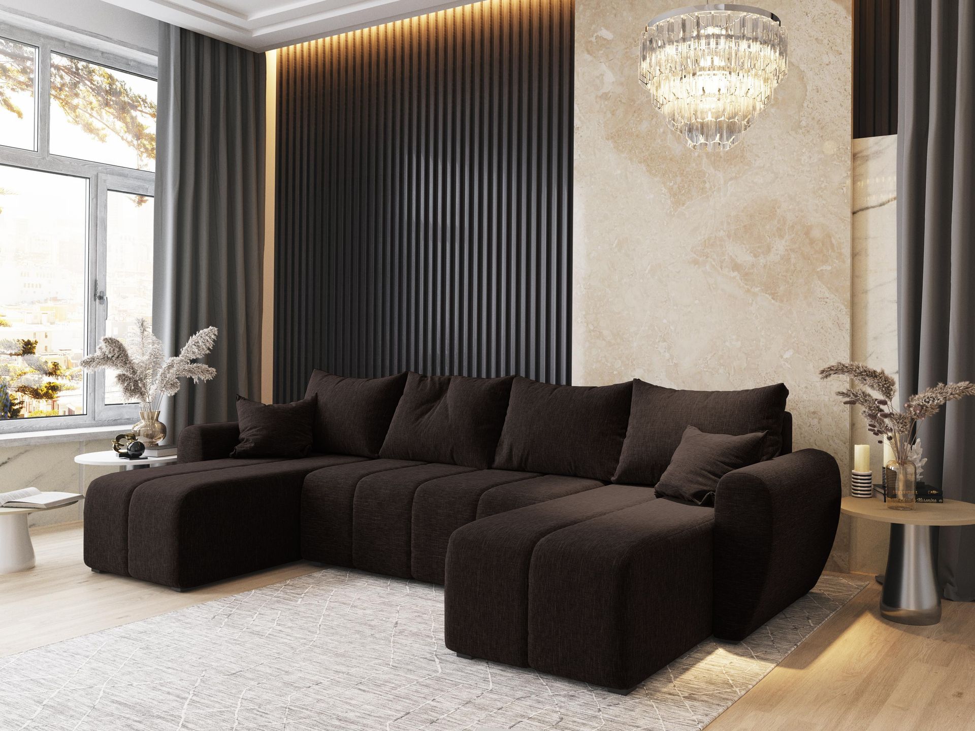 Masseno Narożnik MADISON U z funkcją spania i pojemnikiem na pościel Kształt U, Rozkładana sofa, Rogówka - Brązowy, SAWANA 16