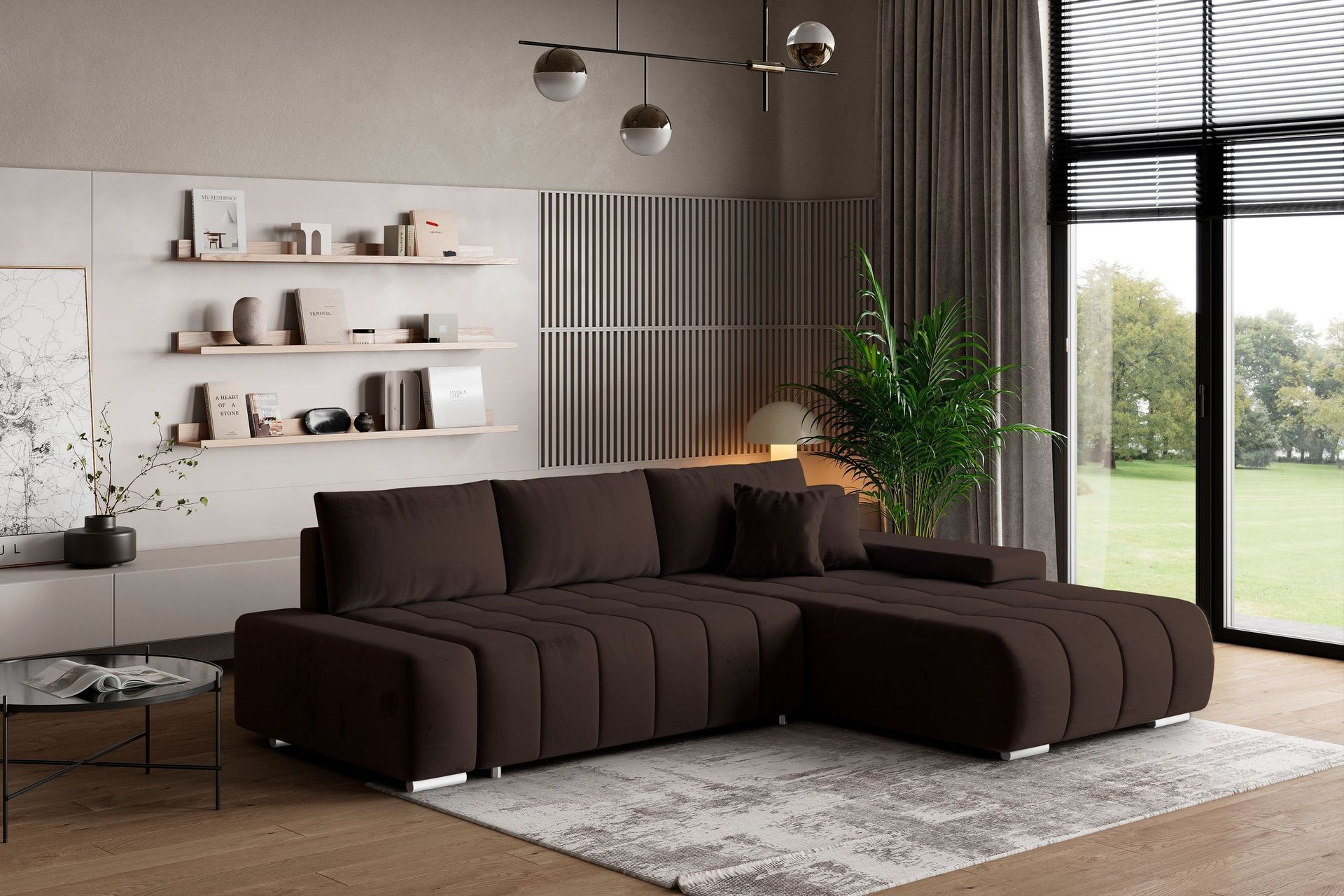 Masseno Narożnik ALESE R-S z funkcją spania i pojemnikiem na pościel Kształt L, Rozkładana sofa, Rogówka - Brązowy, MONOLITH 29