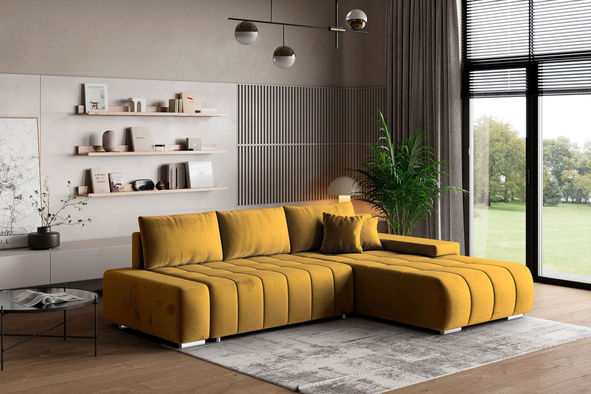 Masseno Narożnik ALESE R-S z funkcją spania i pojemnikiem na pościel Kształt L, Rozkładana sofa, Rogówka - Żółty, MONOLITH 48