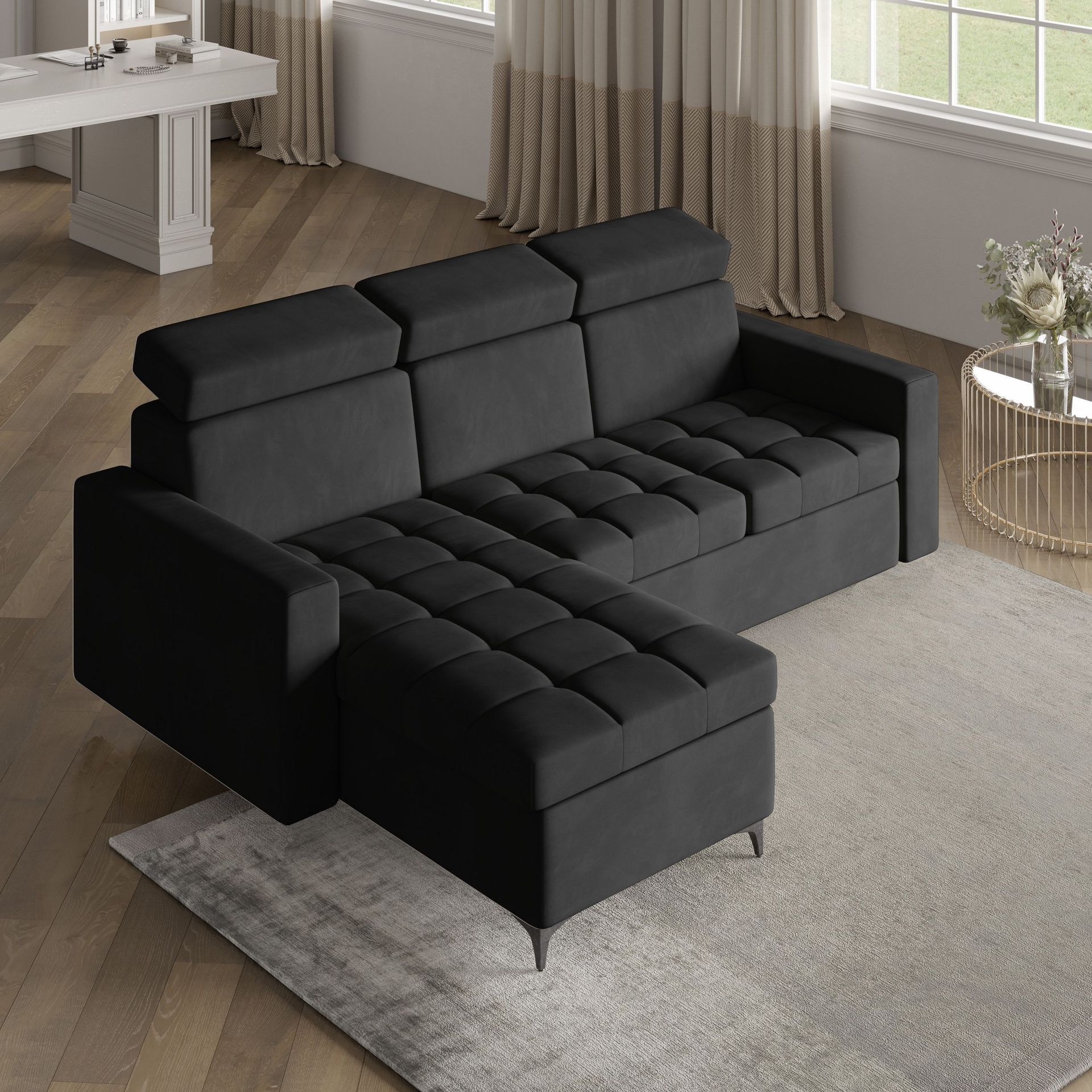 Masseno Narożnik KAME z funkcją spania i pojemnikiem na pościel Kształt L, Rozkładana sofa, Rogówka - Czarny, KRONOS 07
