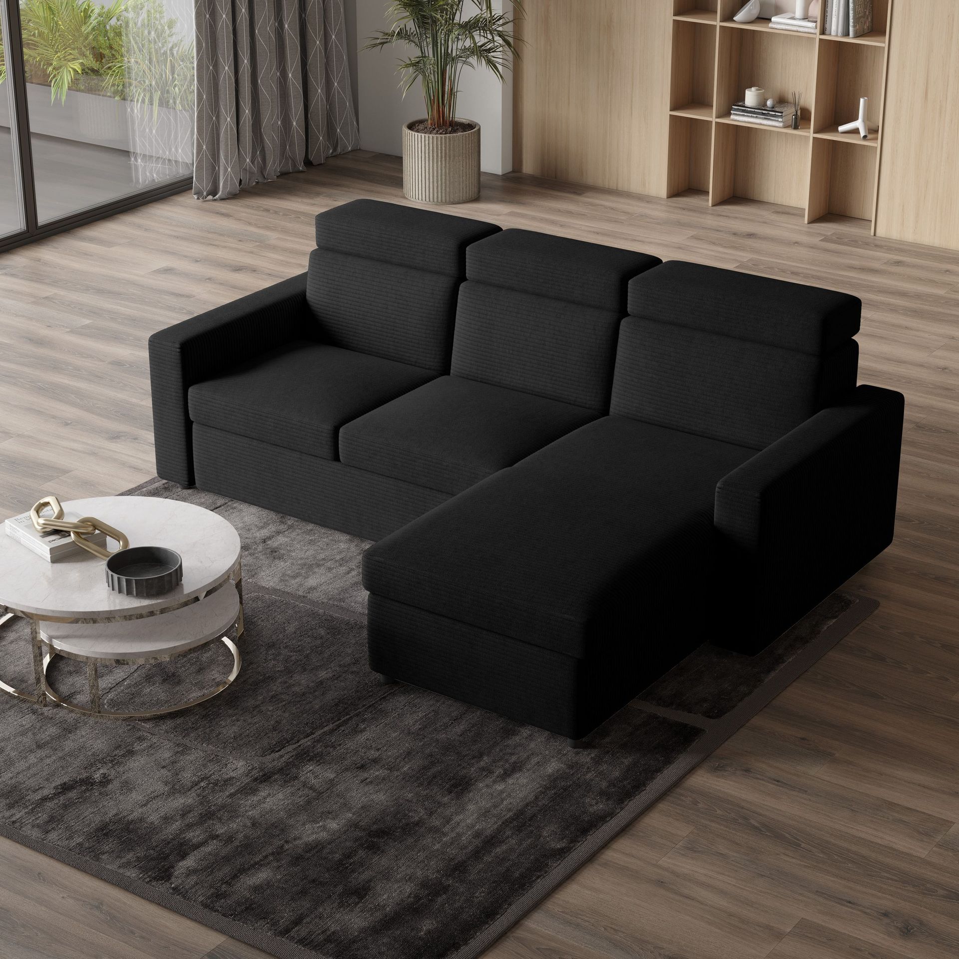 Masseno Narożnik PADWA z funkcją spania i pojemnikiem na pościel Kształt L, Rozkładana sofa, Rogówka - Czarny, POSO 135
