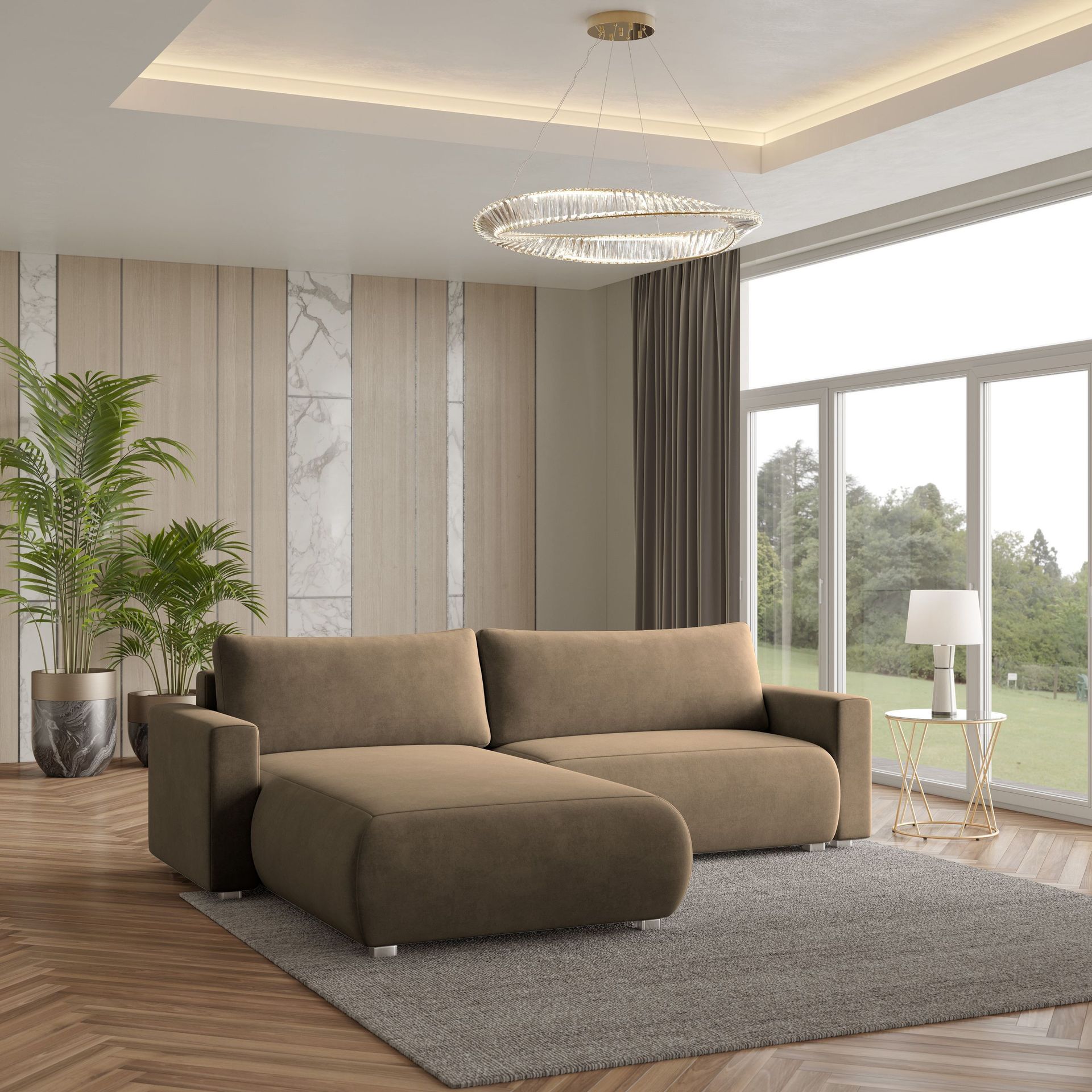Masseno Narożnik TURIN M z funkcją spania i pojemnikiem na pościel Kształt L, Rozkładana sofa, Rogówka - Beżowy, MONOLITH 09
