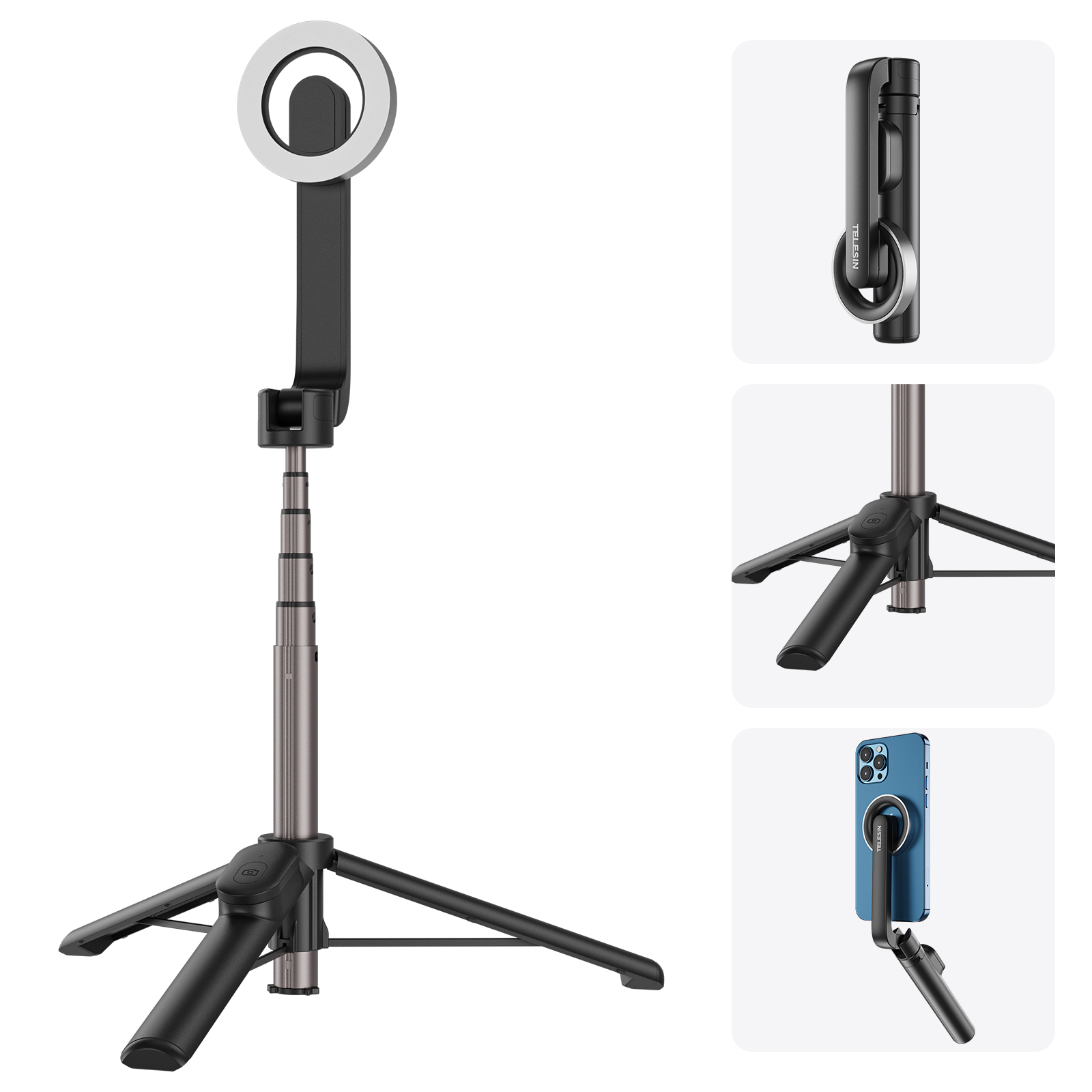 TELESIN WS-22005 27,1-calowy mini magnetyczny statyw biurkowy selfie stick z drążkiem teleskopowym, 5 sekcjami, obracany o 360′, z pierścieniem magnetycznym i pilotem, kompatybilny ze smartfonami iPhone 15/14/13/12