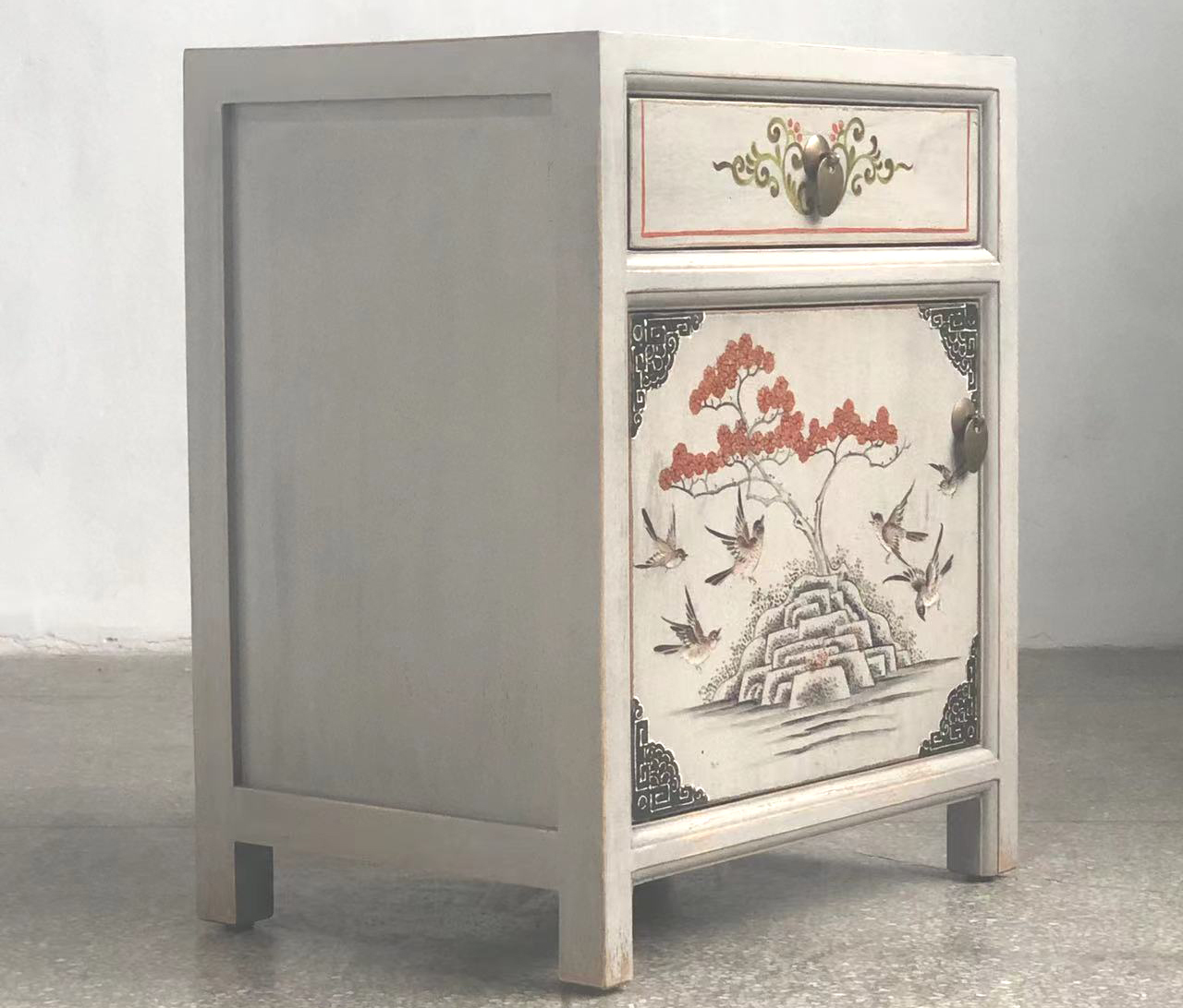 Szafka nocna Szafka nocna Komoda nocna Szafka nocna Komoda Szafka Meble azjatyckie orientalne chińskie dalekowschodnie beżowo-szare vintage