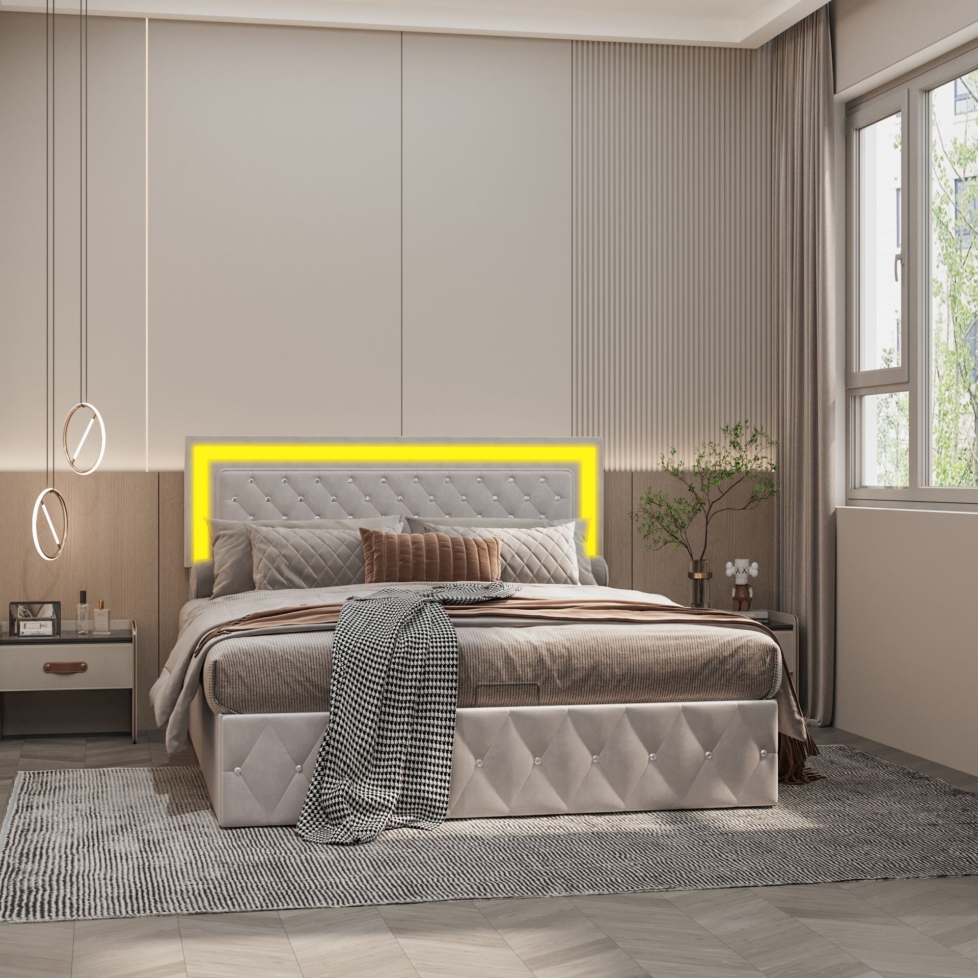 Łóżko tapicerowane Fortuna Lai 160x200cm, podwójne łóżko do przechowywania z regulowanym zagłówkiem, oświetleniem LED i stelażem listwowym, aksamit, beżowy