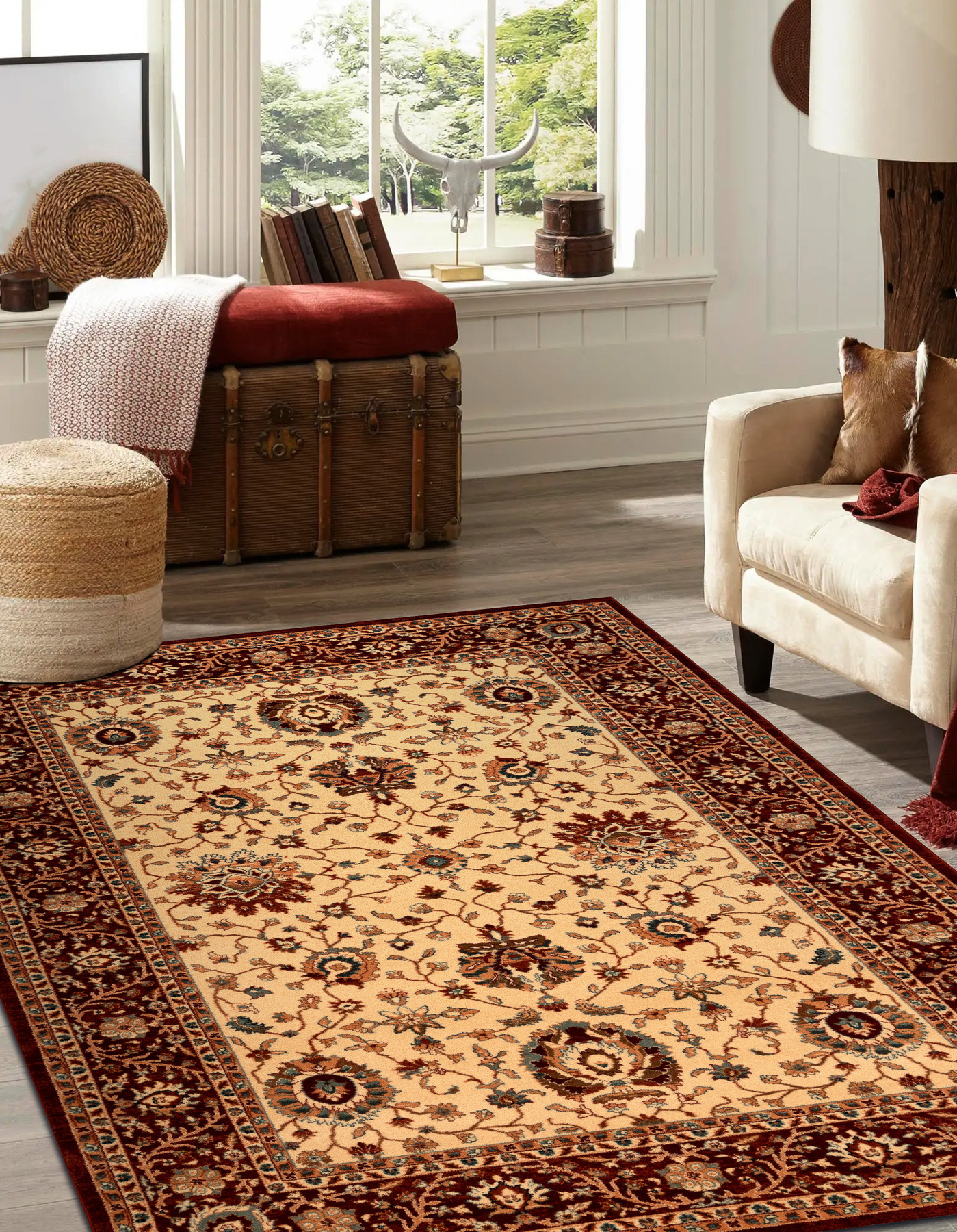 Dywan wełniany KASHQAI 4303 106 Kwiaty, ramka beż / bordo beżowy 160x240 cm