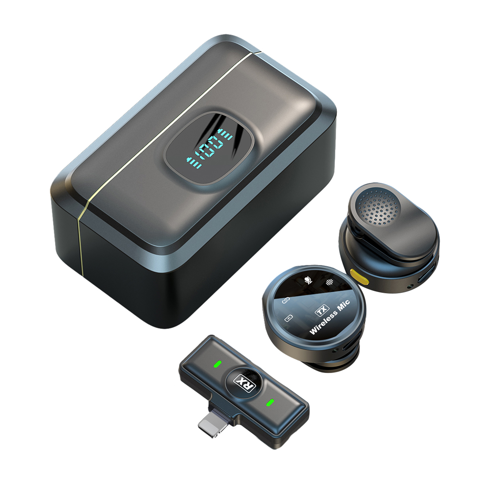 Bezprzewodowy mikrofon One-Trigger-Two 2.4G, mocowanie magnetyczne, przypinany mikrofon do smartfonów, tłumienie szumów, monitorowanie w czasie rzeczywistym, wbudowana bateria z etui ładującym, zamiennik do iPhone 14/13/12/11