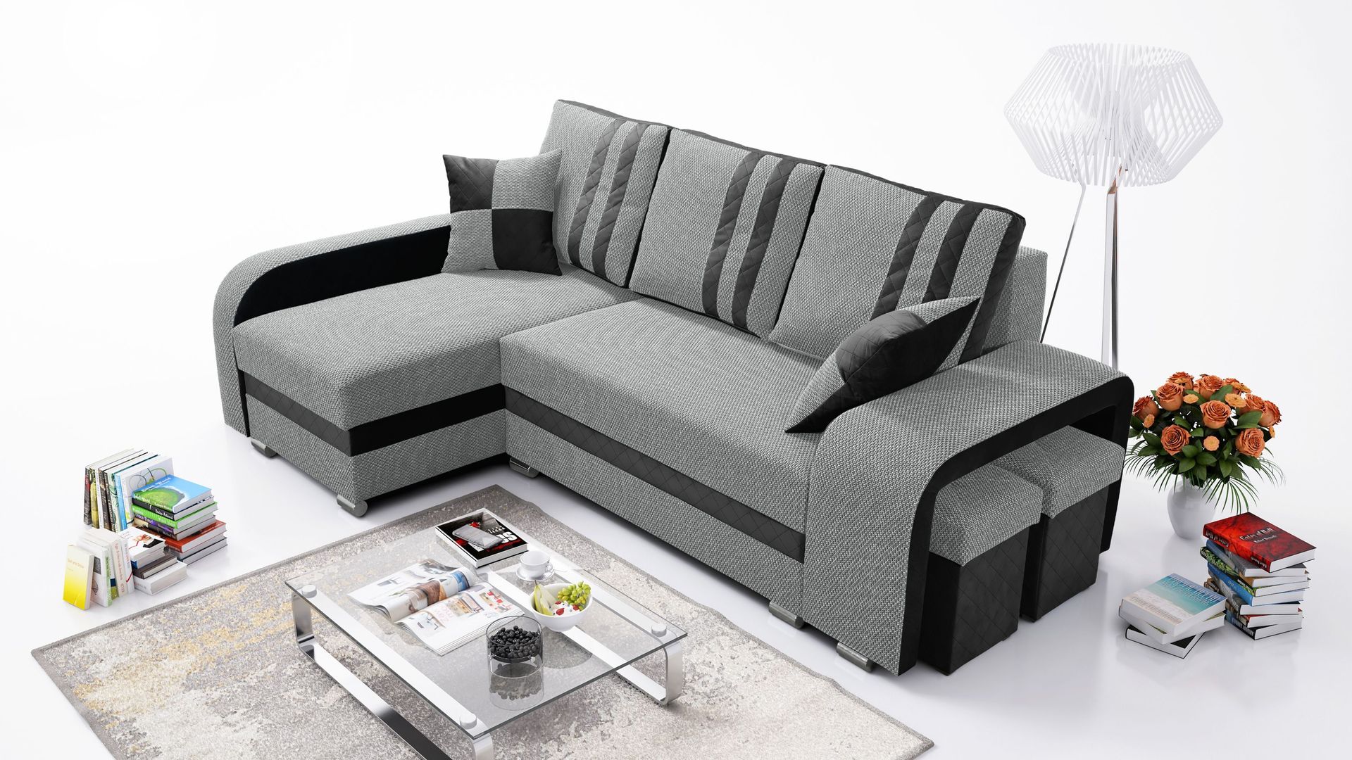 Robin York narożnik z funkcją spania 2x pojemnik na pościel 2x małe poduszki 2x taboret Sofa w kształcie litery L Wolnostojący narożnik z funkcją spania Meble do salonu Część dzienna Czarny Szary