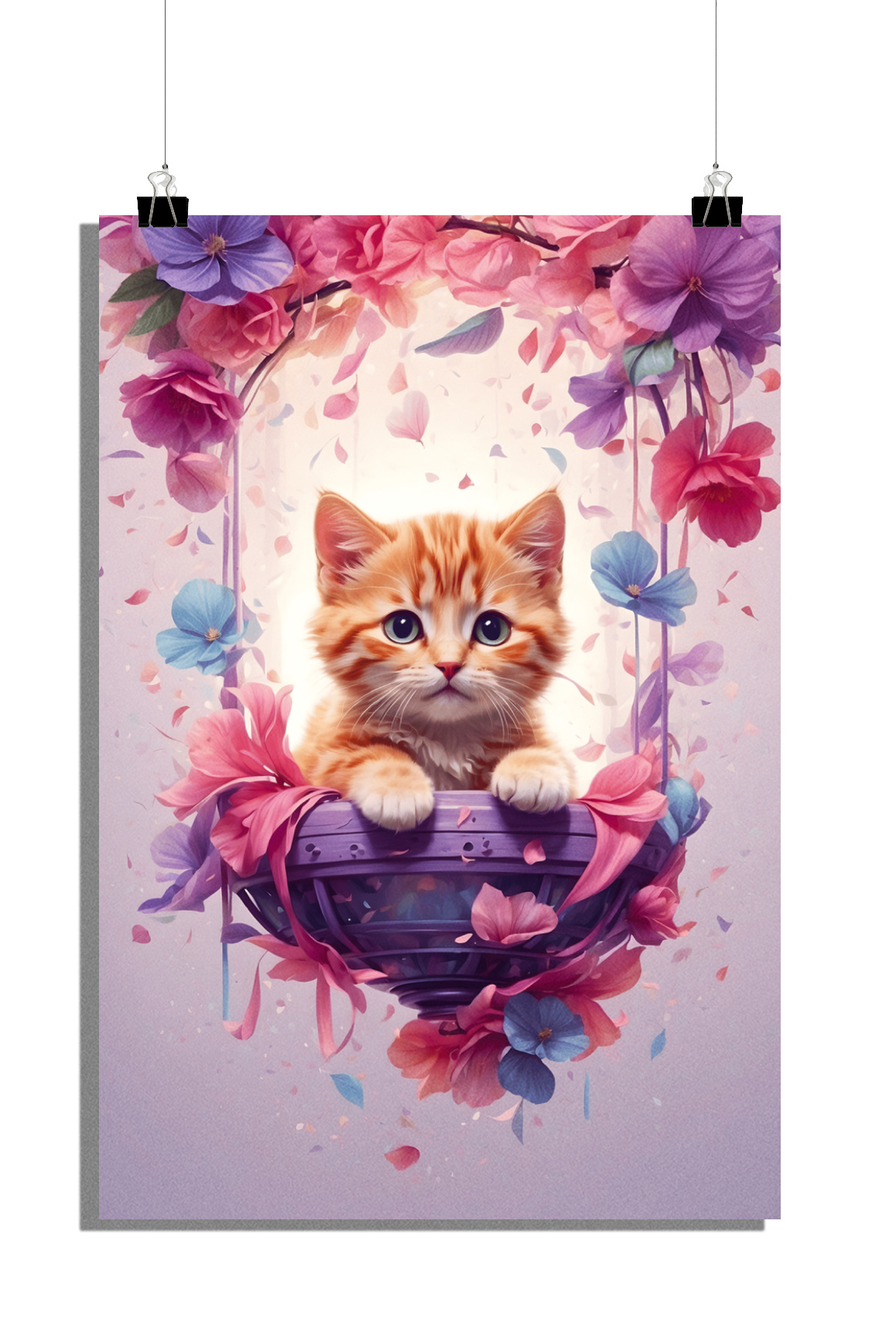 Plakat z kotkiem - Plakat z huśtawką - Plakat z kwiatkiem - Plakat z kotem - Plakat artystyczny - Plakat do pokoju dziecięcego - 51x71cm - Idealny do oprawienia w ramkę