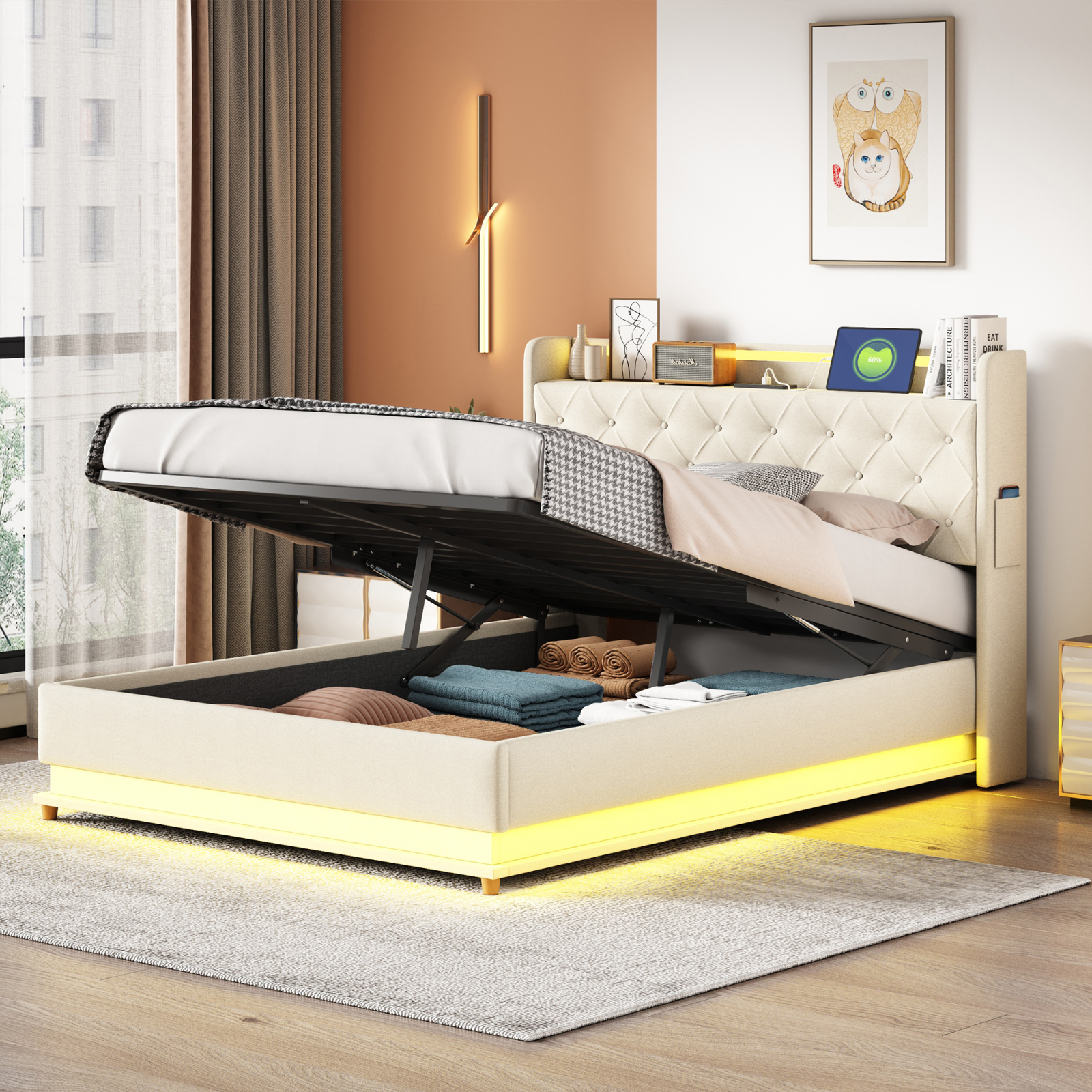 Łóżko tapicerowane Fortuna Lai 160x200cm z oświetleniem LED i złączem USB do ładowania, funkcjonalne łóżko hydrauliczne z miejscem do przechowywania, podwójne łóżko z listwową ramą i zagłówkiem dla dorosłych i nastolatków, beżowe