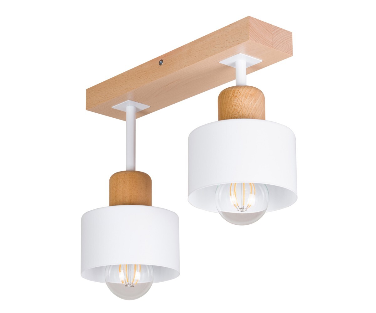 Biała lampa sufitowa, dwupunktowy spot DWE30x7BU z drewna i metalu E27