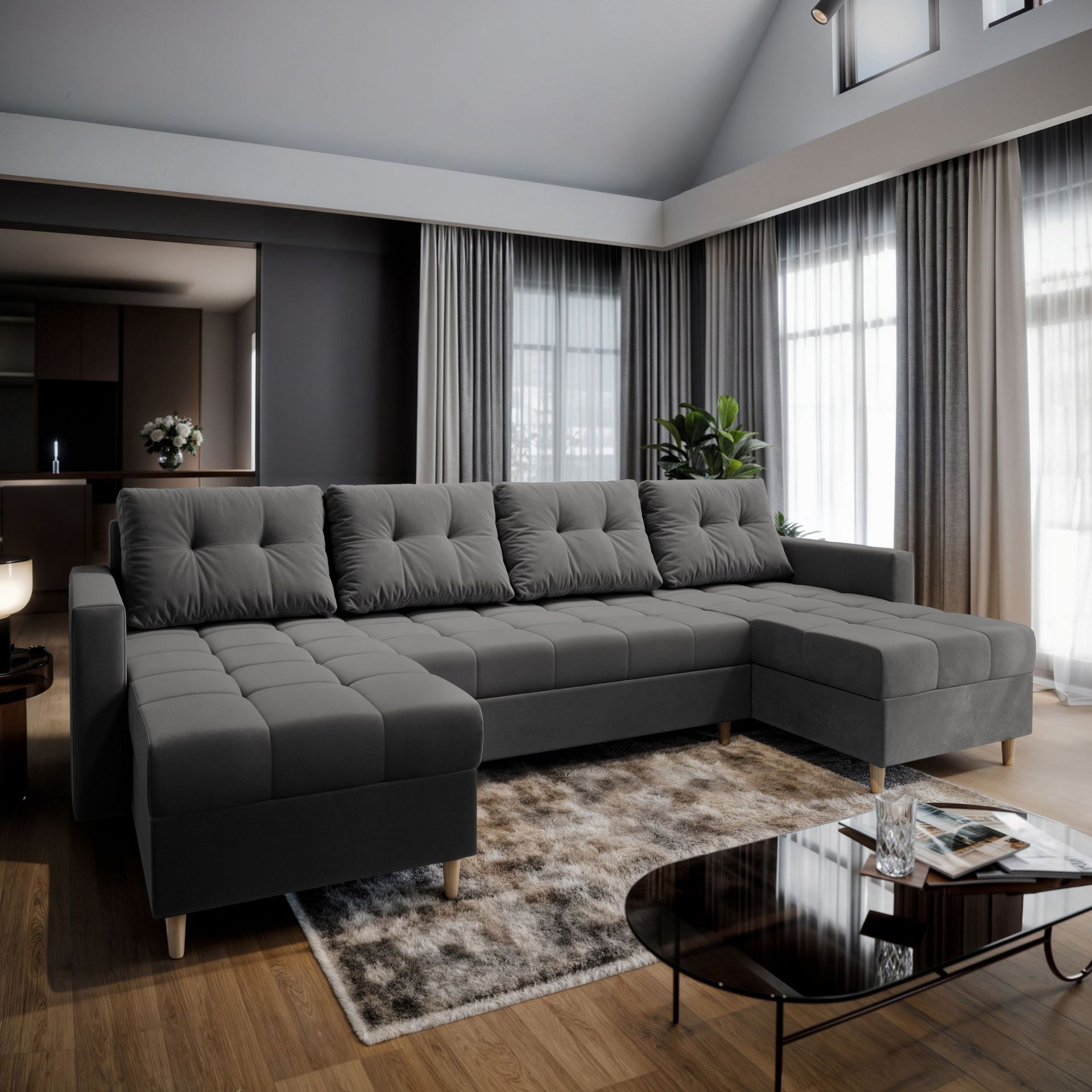 Masseno Narożnik MILO U z funkcją spania i pojemnikiem na pościel Kształt U, Rozkładana sofa, Rogówka - Szary, PAROS 06