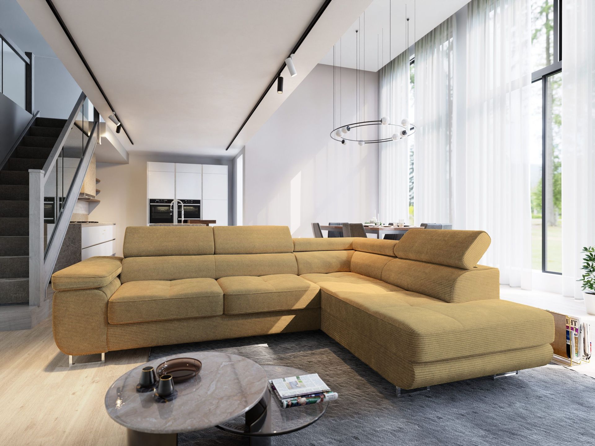 Masseno Narożnik APIRO R-S z funkcją spania i pojemnikiem na pościel Kształt L, Rozkładana sofa, Rogówka - Żółty, POSO 01