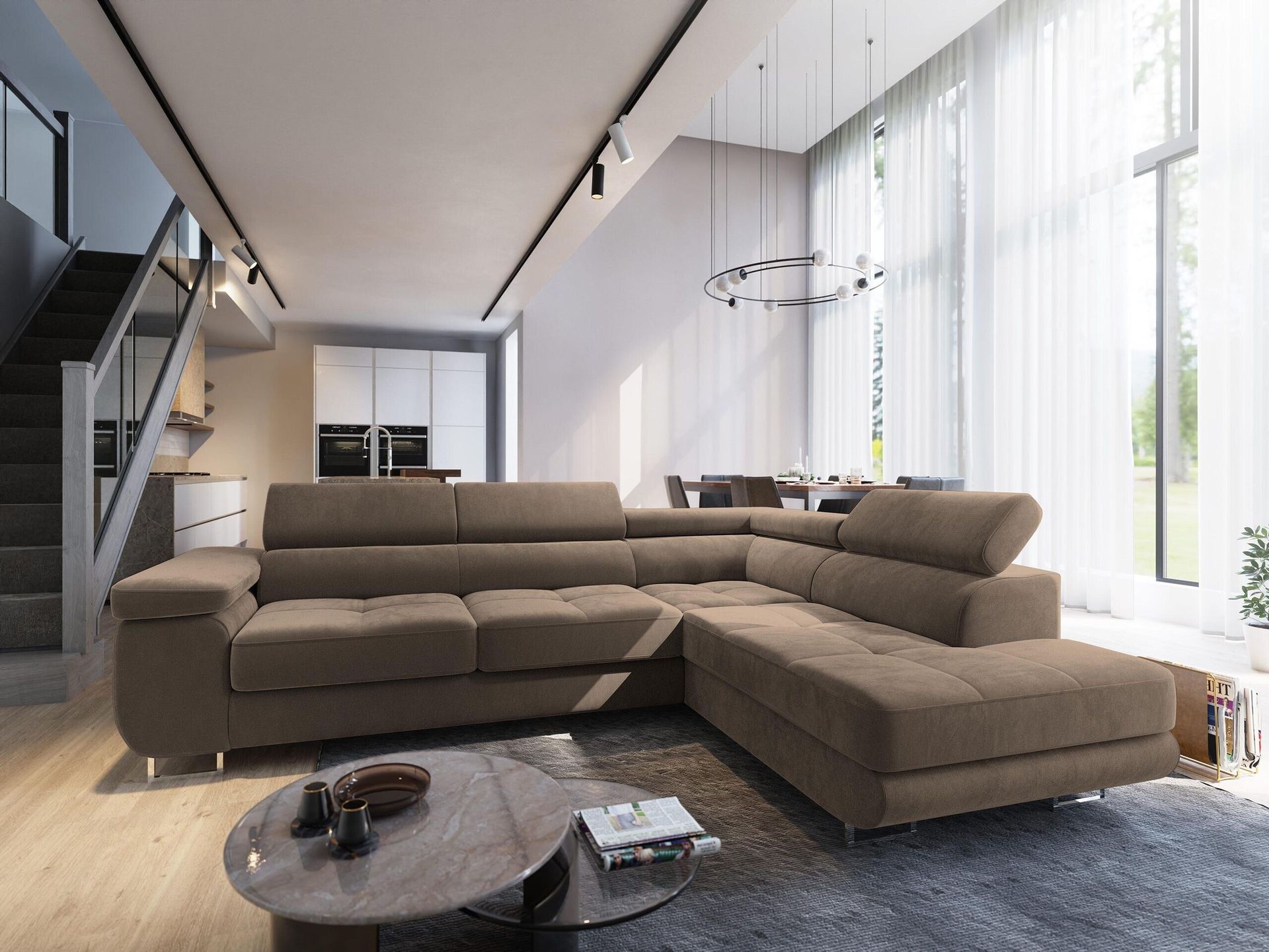Masseno Narożnik SELVA R-S z funkcją spania i pojemnikiem na pościel Kształt L, Rozkładana sofa, Rogówka - Beżowy, MONOLITH 09