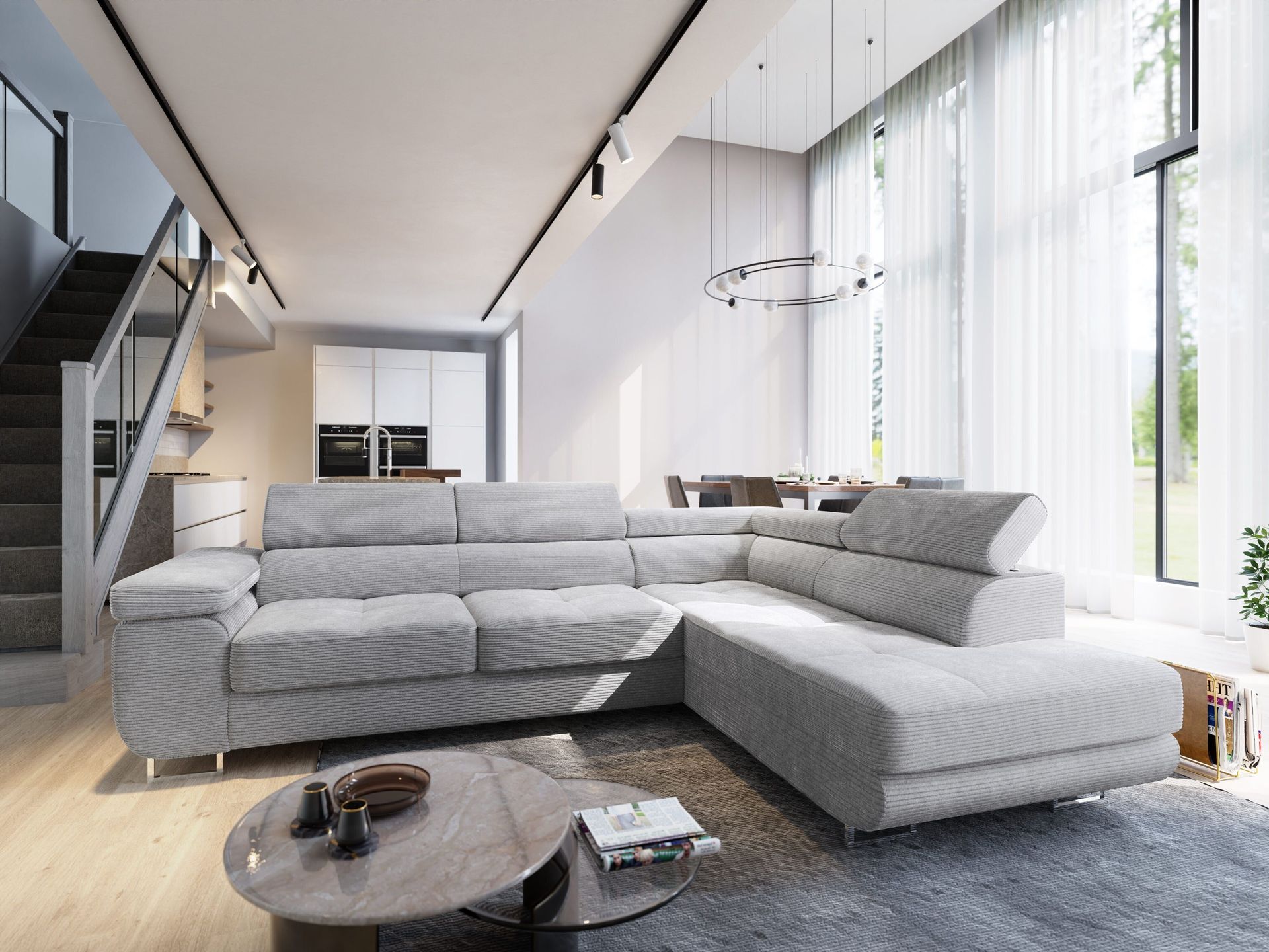 Masseno Narożnik APIRO R-S z funkcją spania i pojemnikiem na pościel Kształt L, Rozkładana sofa, Rogówka - Jasnoszary, POSO 55