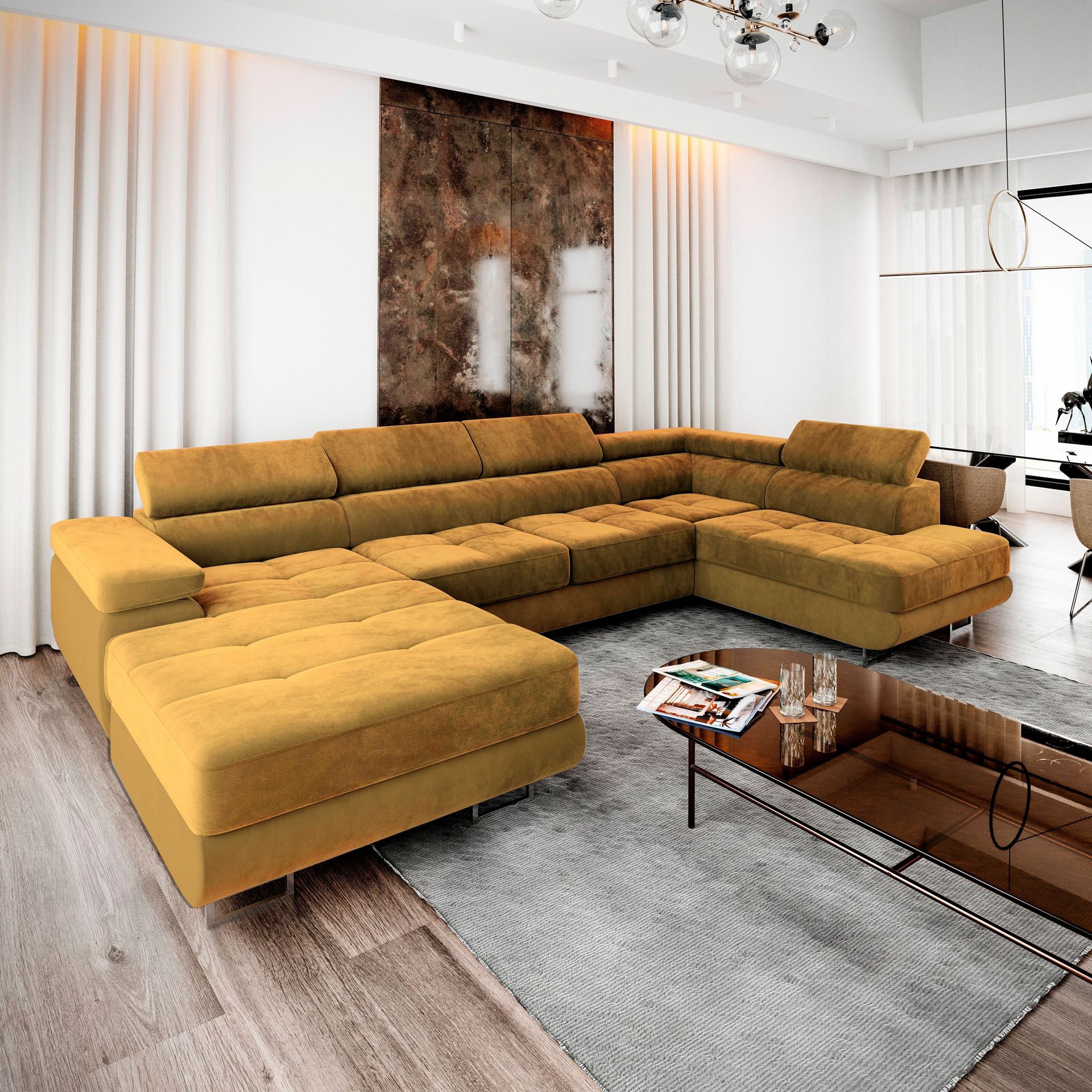 Masseno Narożnik CASONE R-S z funkcją spania i pojemnikiem na pościel Kształt U, Rozkładana sofa, Rogówka - Żółty, MONOLITH 48