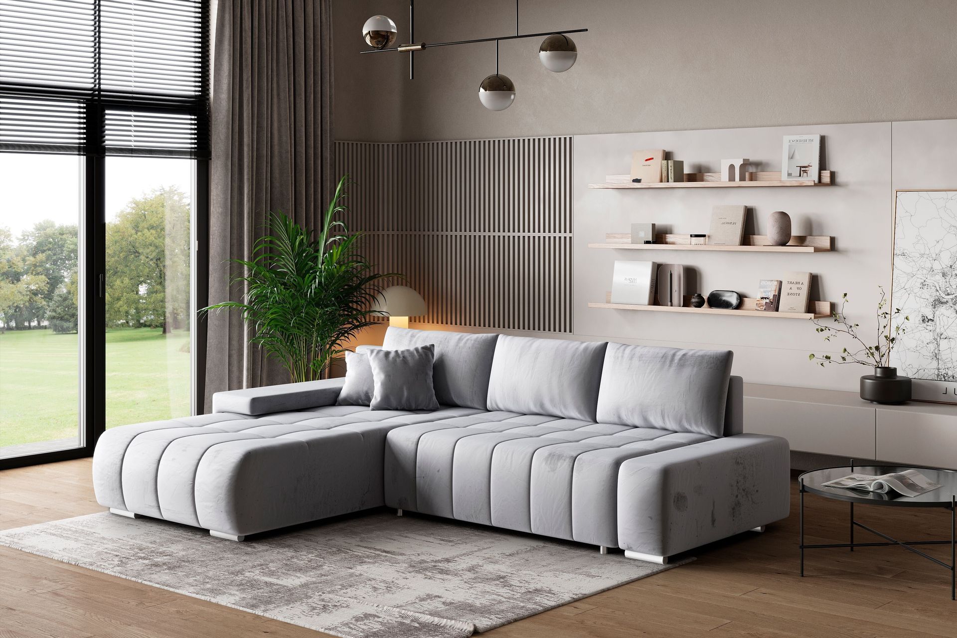 Masseno Narożnik ALESE L-S z funkcją spania i pojemnikiem na pościel Kształt L, Rozkładana sofa, Rogówka - Jasnoszary, MONOLITH 84