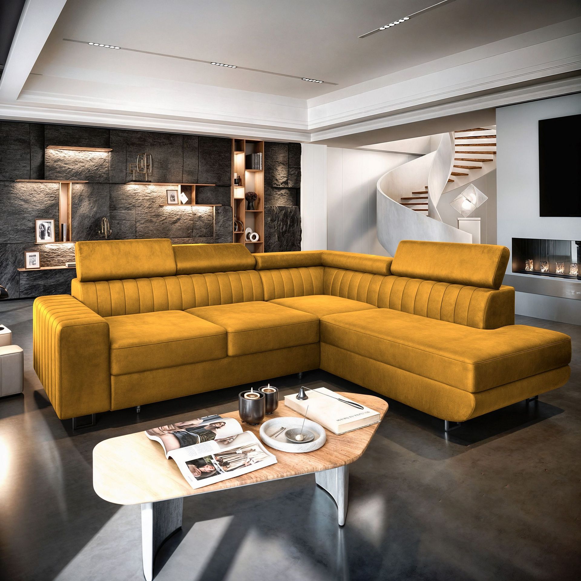 Masseno Narożnik NOLA L-S z funkcją spania i pojemnikiem na pościel Kształt L, Rozkładana sofa, Rogówka - Żółty, MONOLITH 48