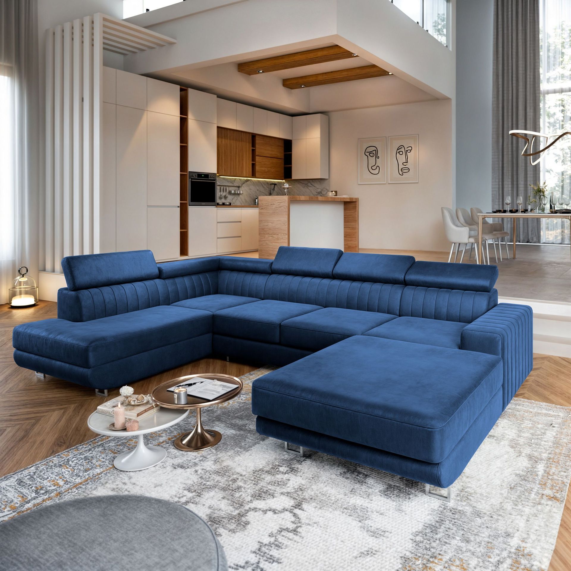 Masseno Narożnik SIENA R-S z funkcją spania i pojemnikiem na pościel Kształt U, Rozkładana sofa, Rogówka - Niebieski, MONOLITH 77