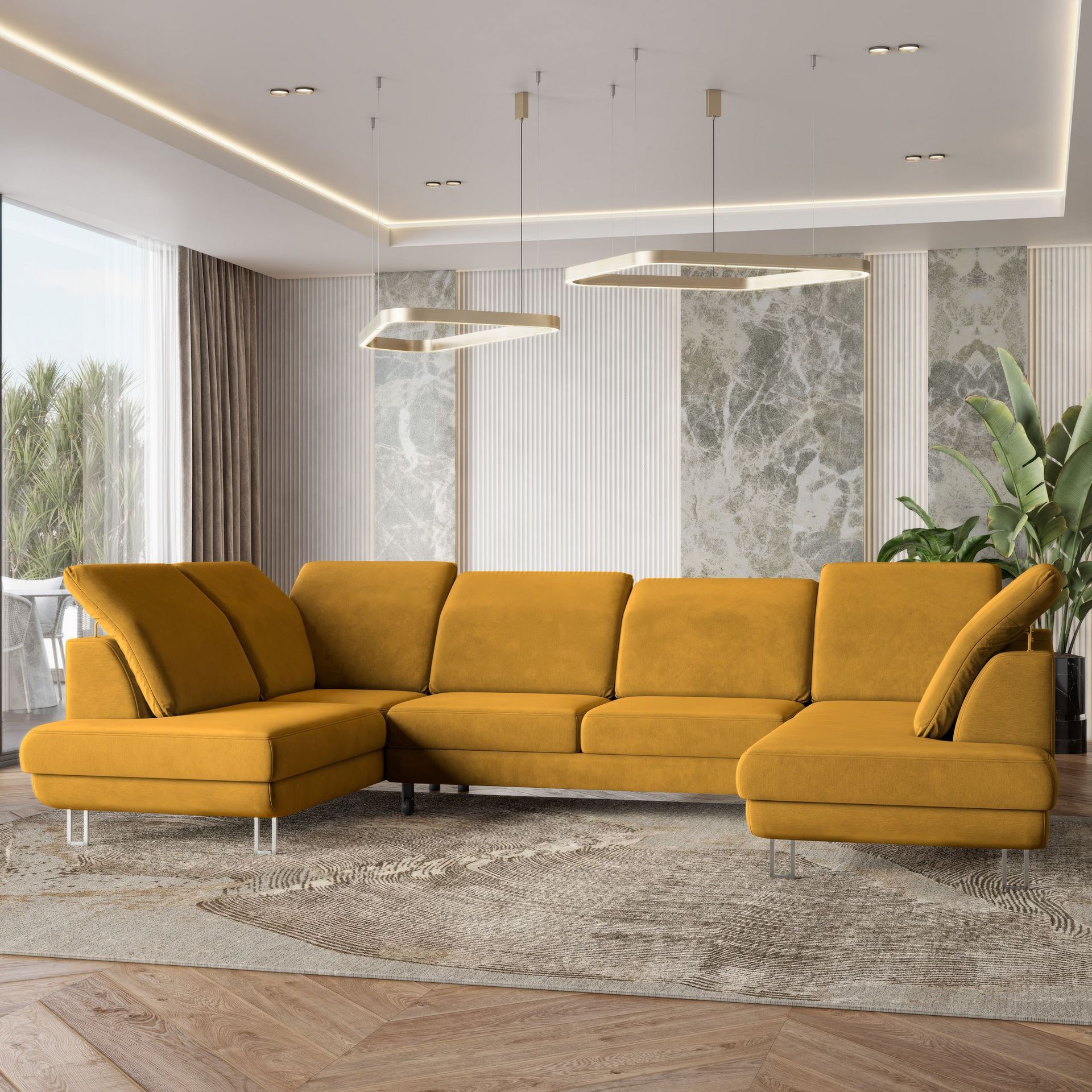 Masseno Narożnik TERAMO z funkcją spania i pojemnikiem na pościel Kształt U, Rozkładana sofa, Rogówka - Żółty, MONOLITH 48