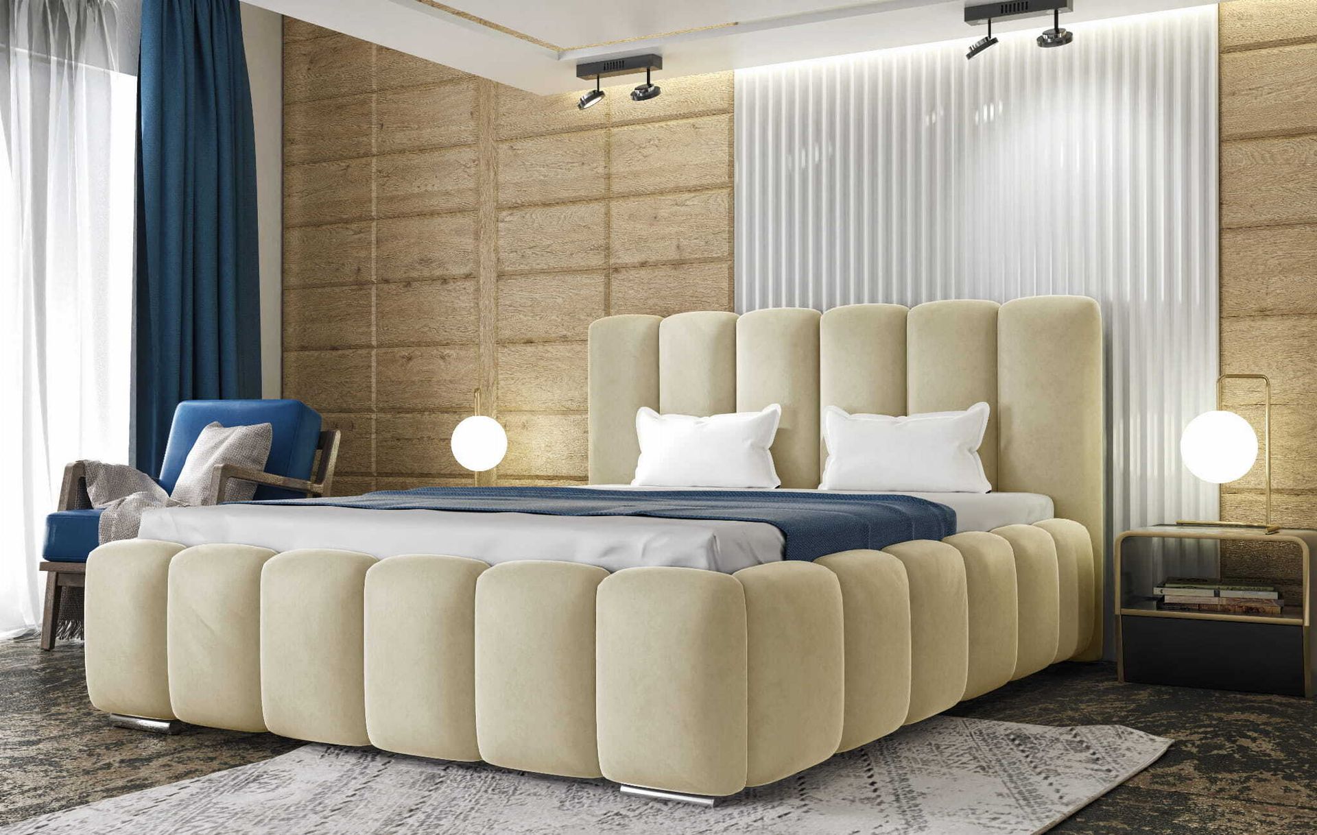 Łóżko tapicerowane AGMAT BALI z wezgłowiem, 140 x 200 cm, łóżko podwójne z podstawą łóżka i stelażem z metalowych listew, tkanina welurowa: beżowy