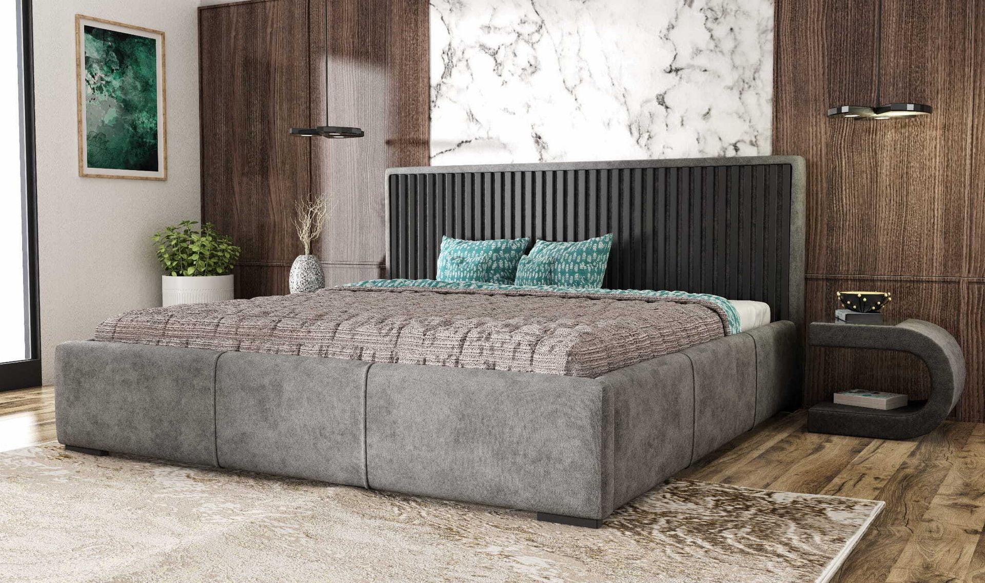 Łóżko tapicerowane AGMAT WOOD z wezgłowiem, 180 x 200 cm, łóżko podwójne z podstawą łóżka i metalową ramą z listew, tkanina welurowa: szary
