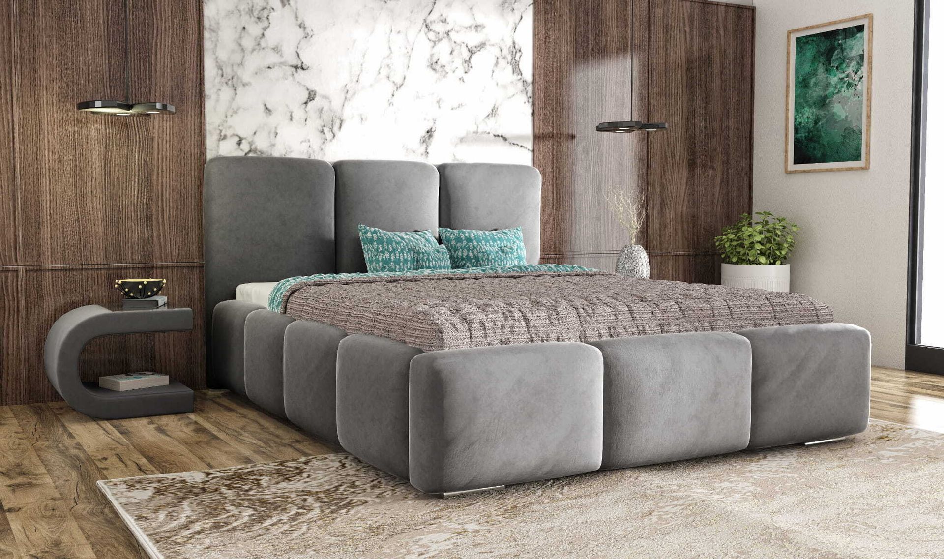 Łóżko tapicerowane AGMAT ROYAL z wezgłowiem, 180 x 200 cm, łóżko podwójne z podstawą łóżka i stelażem z listew metalowych, tkanina welurowa, kolor: ciemnoszary