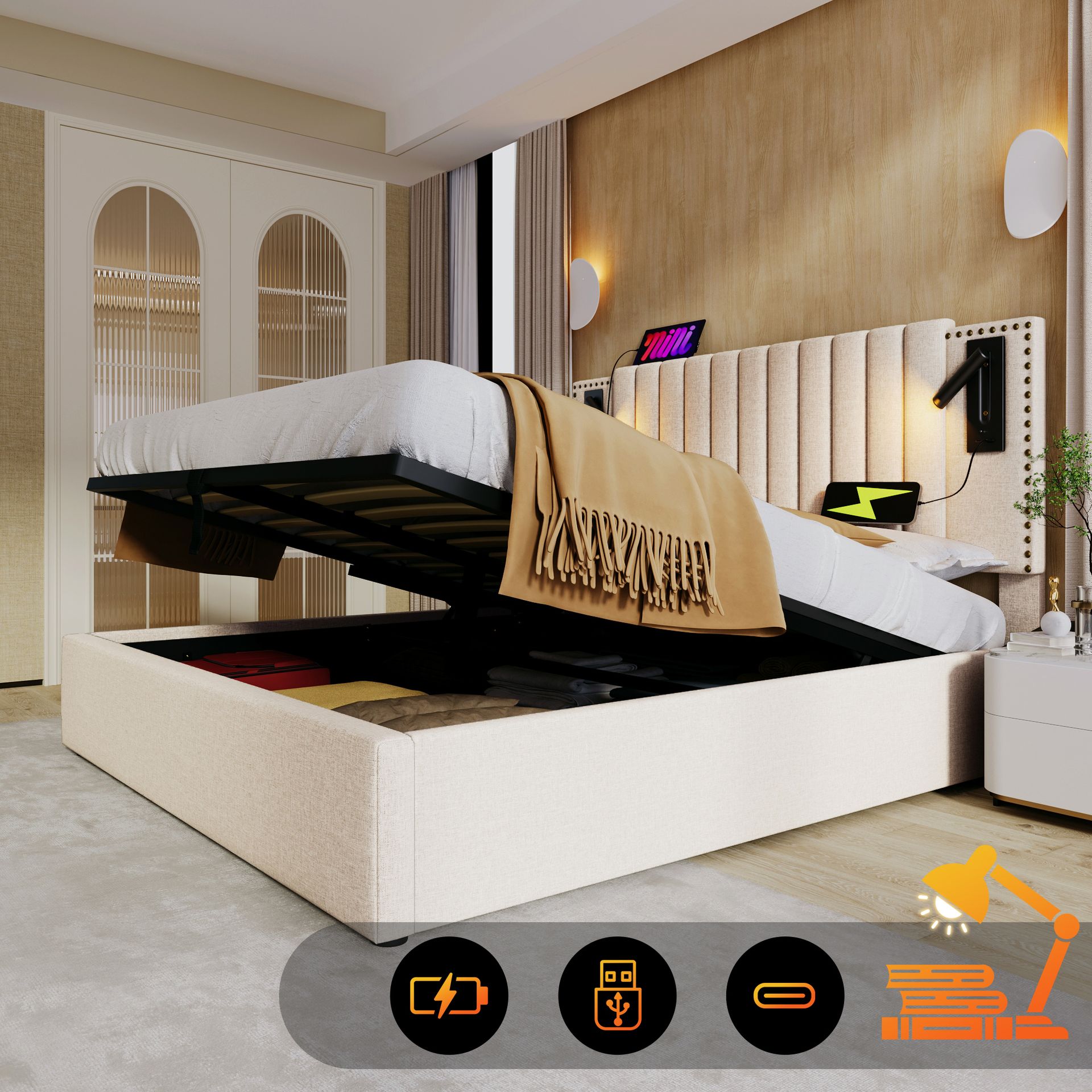 Łóżko tapicerowane Sweiko 180x200, podwójne łóżko schowek skrzynia na pościel, lampka do czytania z funkcją ładowania USB zagłówek, oparcie z nitami, łóżko z listwowym stelażem i skrzynią na pościel, bawełna, beżowy (bez materaca)