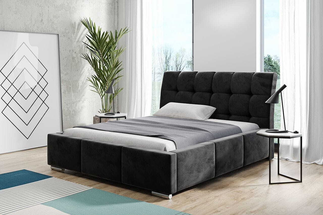 Łóżko tapicerowane AGMAT BARI z wezgłowiem, 140 x 200 cm, łóżko podwójne z podstawą łóżka i metalową ramą z listew, tkanina welurowa, kolor: czarny